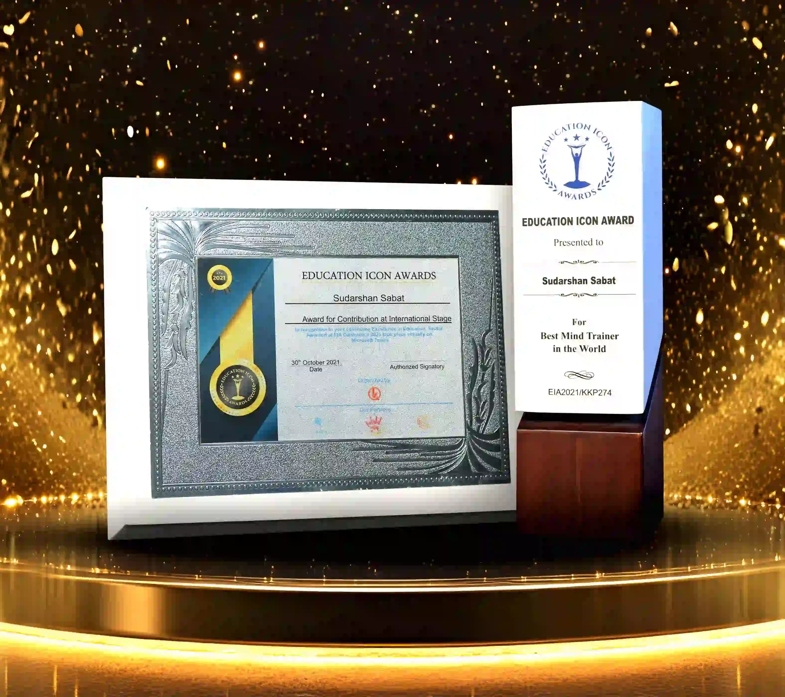 Education Icon Award certificate and trophy presented to Sudarshan Sabat as Best Mind Trainer in the World for excellence in education.