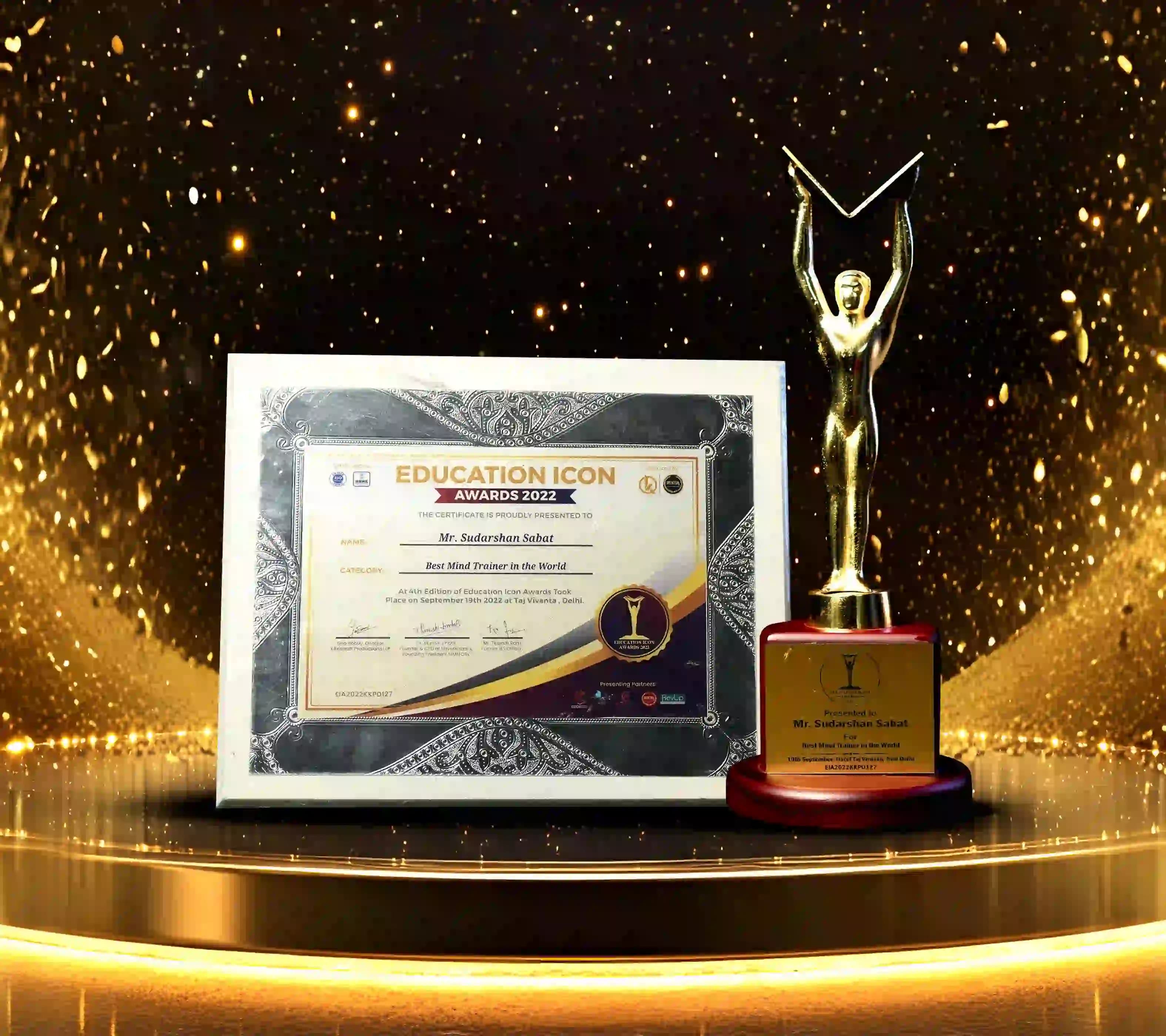 Framed Education Icon Awards 2022 certificate presented to Mr. Sudarshan Sabat beside a gold trophy.