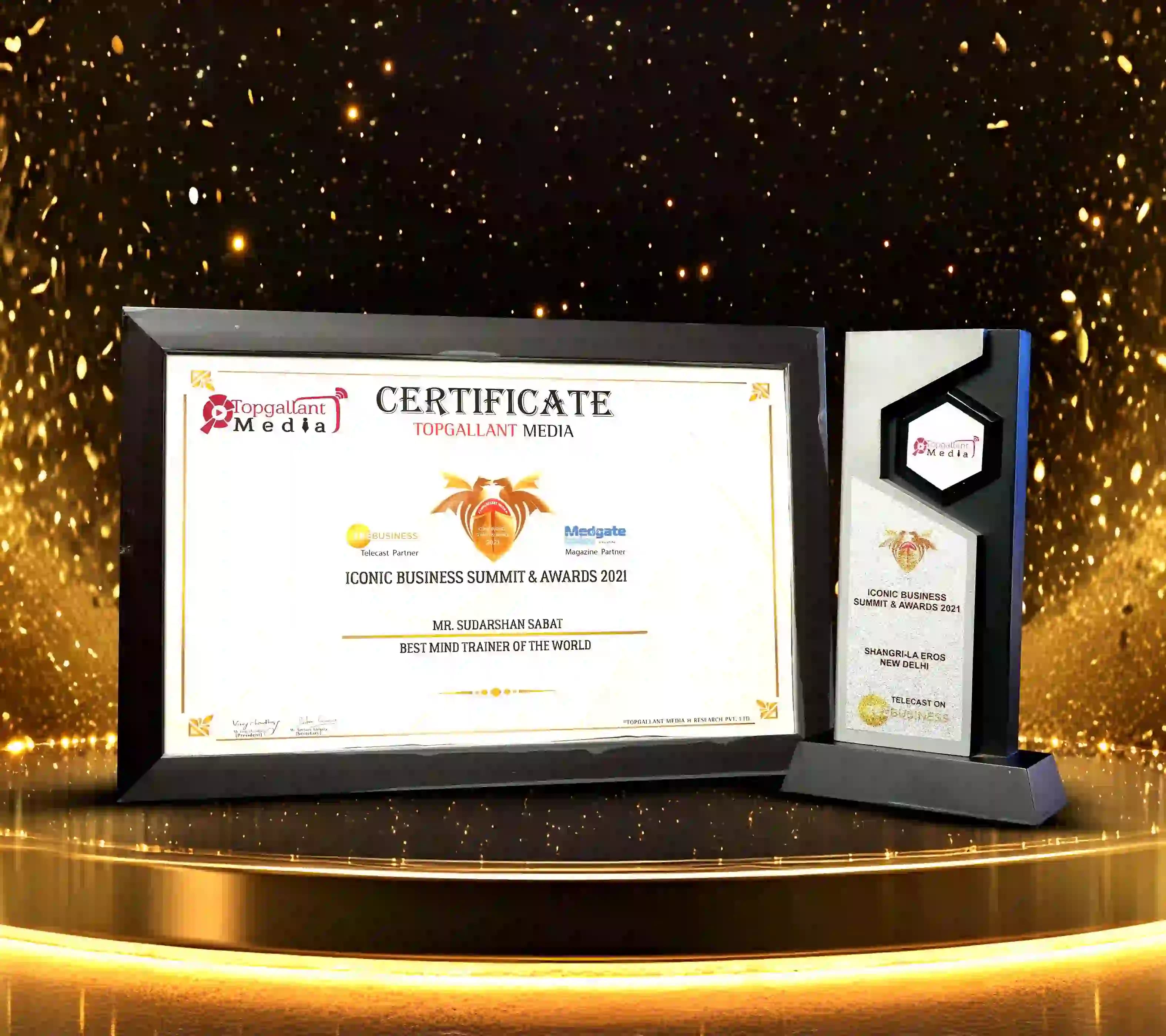 Iconic Business Summit & Awards 2021 certificate and trophy awarded to Sudarshan Sabat as Best Motivational Trainer of the World.