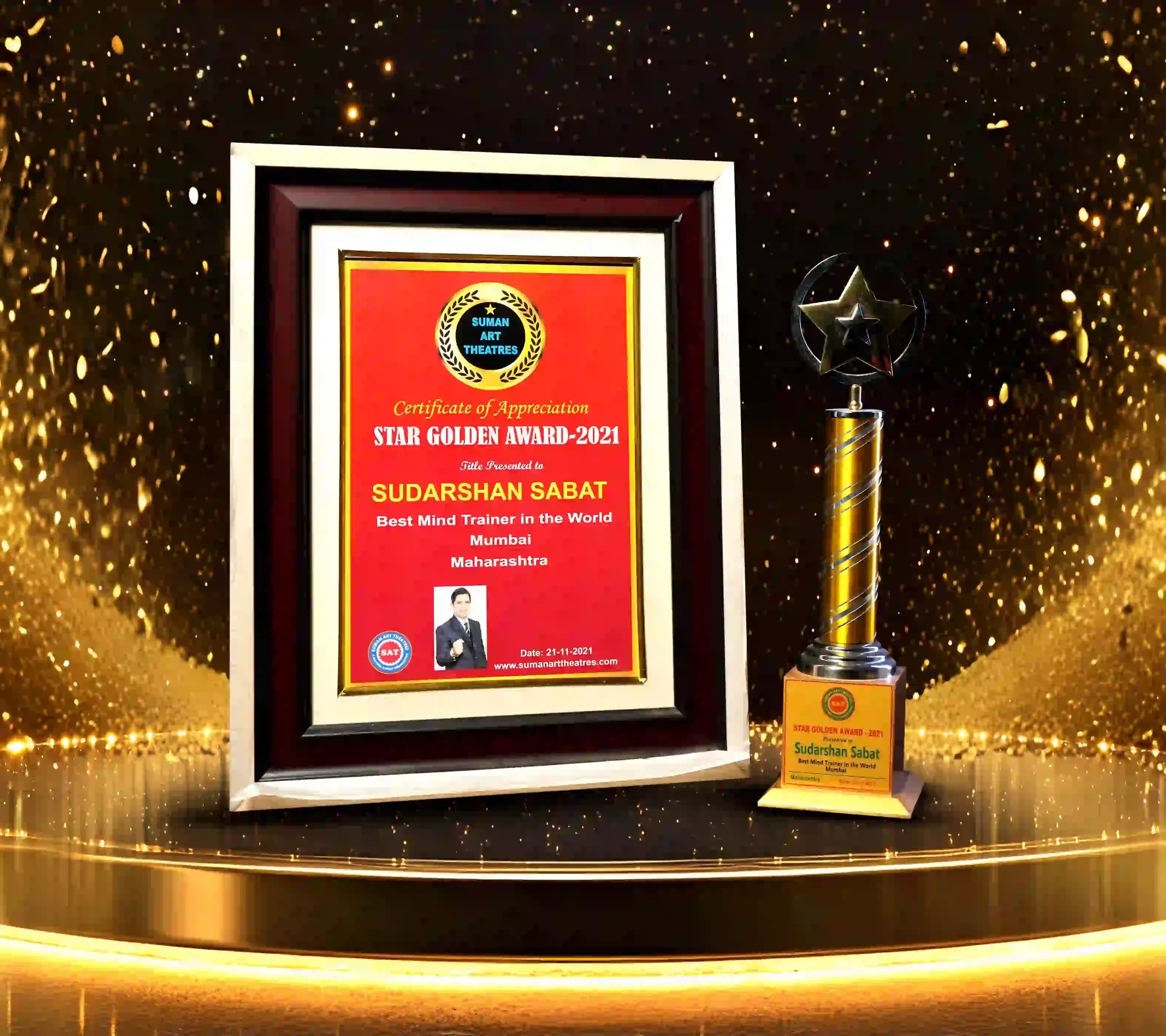 Star Golden Award 2021 certificate and trophy presented to Sudarshan Sabat as Best Mind Trainer in the World, Mumbai, Maharashtra.