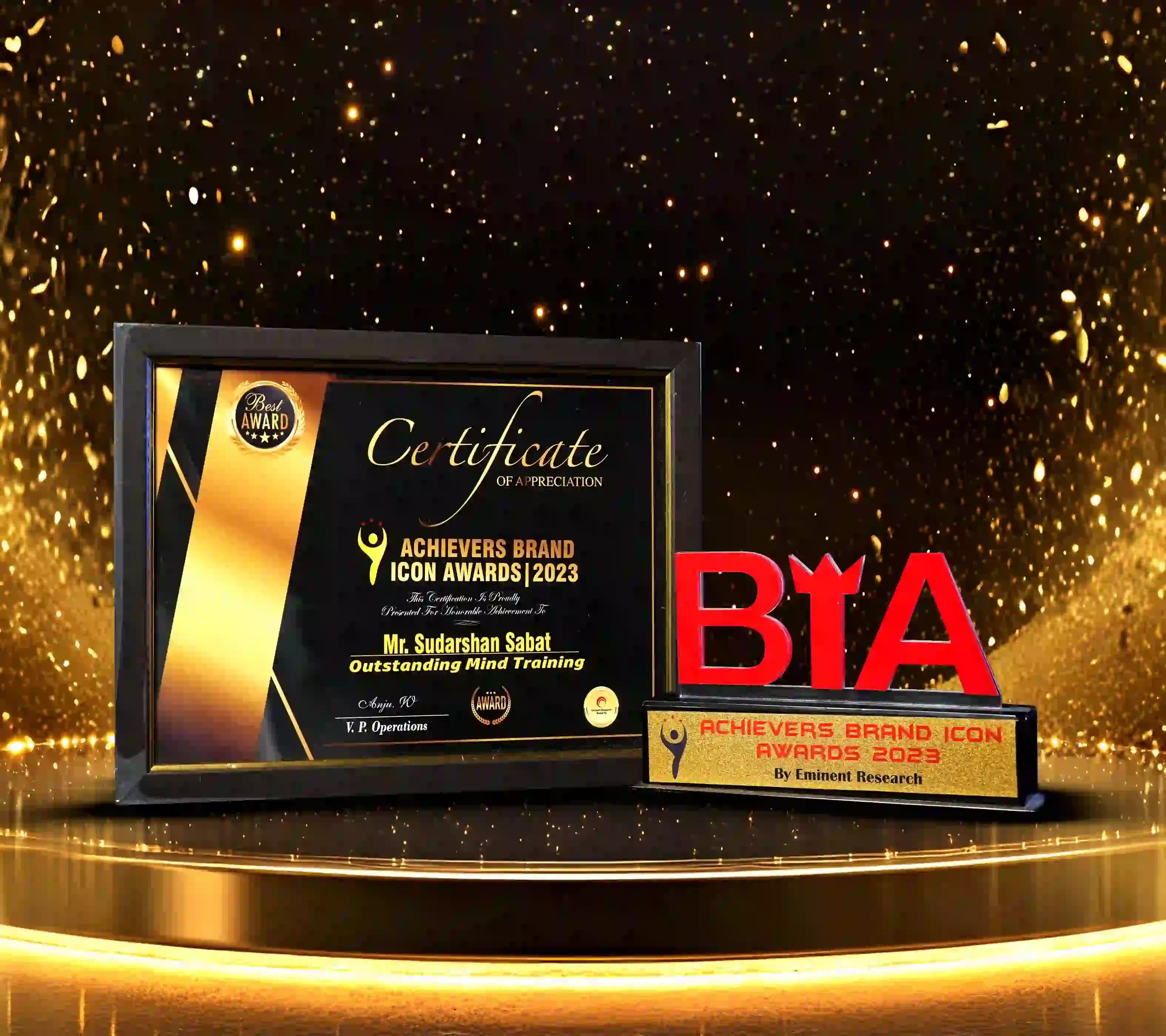 Achievers Brand Icon Awards 2023 certificate and trophy presented to Mr. Sudarshan Sabat.
