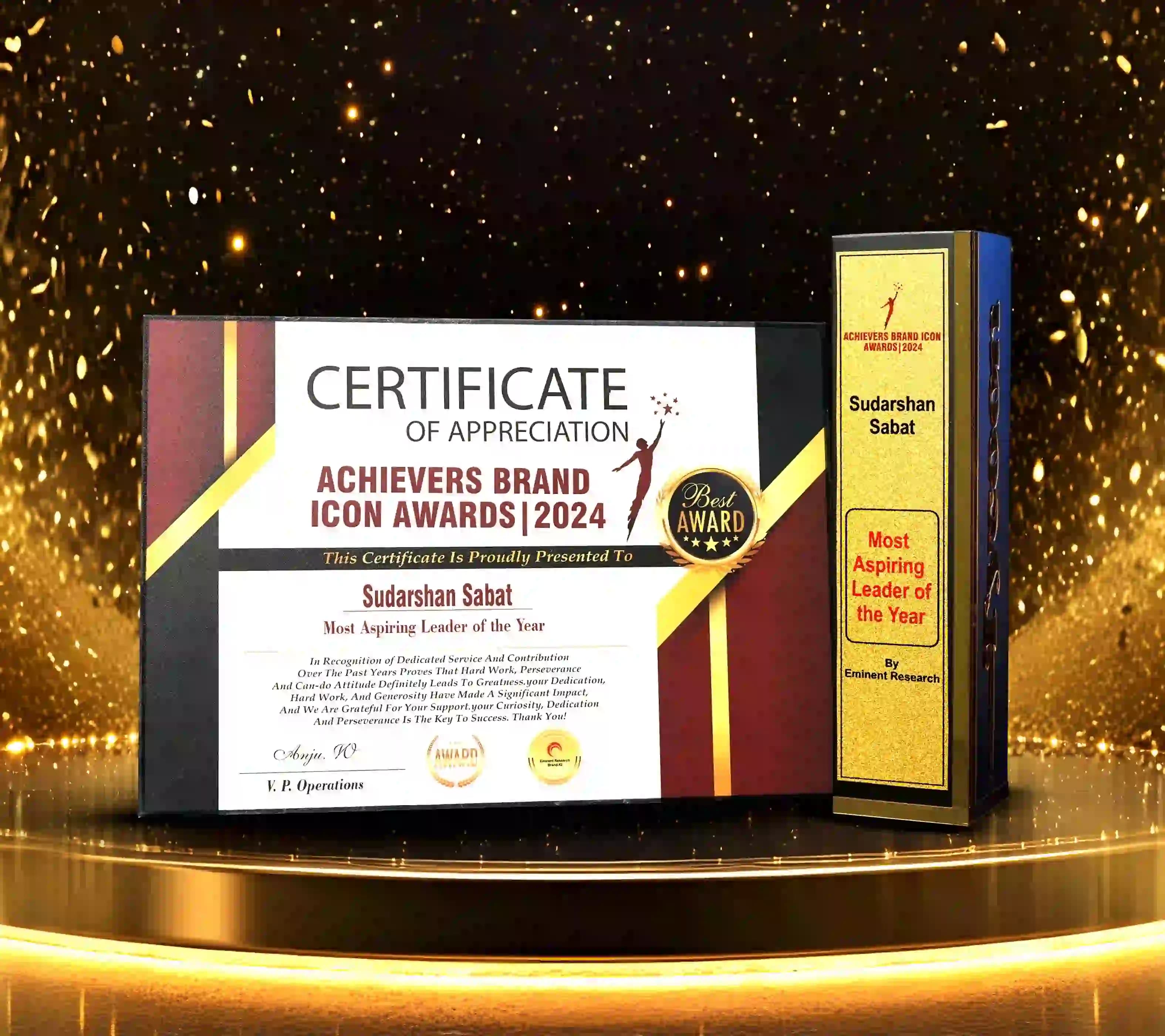 Achievers Brand Icon Awards 2024 certificate and trophy presented to Mr. Sudarshan Sabat as Most Aspiring Leader of the Year.