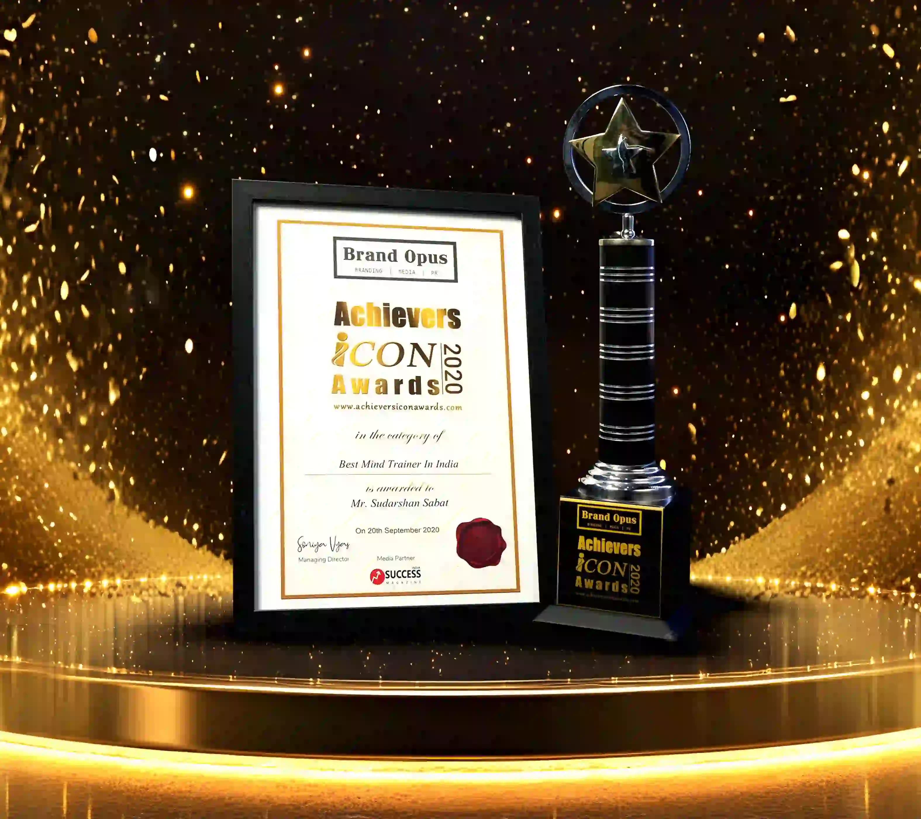 Brand Opus Achievers Icon Awards 2022 certificate and trophy presented to Mr. Sudarshan Sabat.