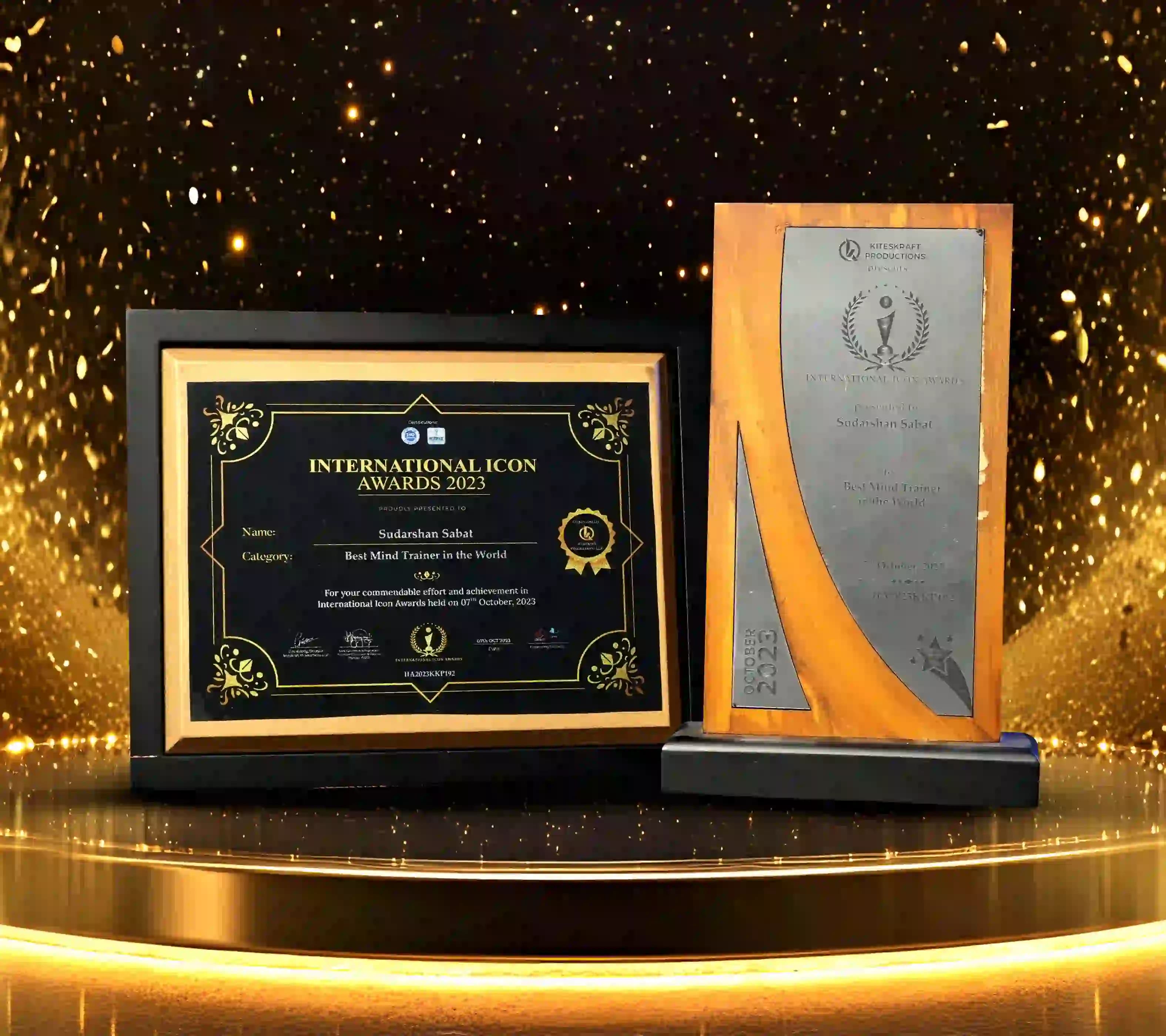 International Icon Awards 2023 certificate and trophy presented to Mr. Sudarshan Sabat for Best Mind Trainer in the World.