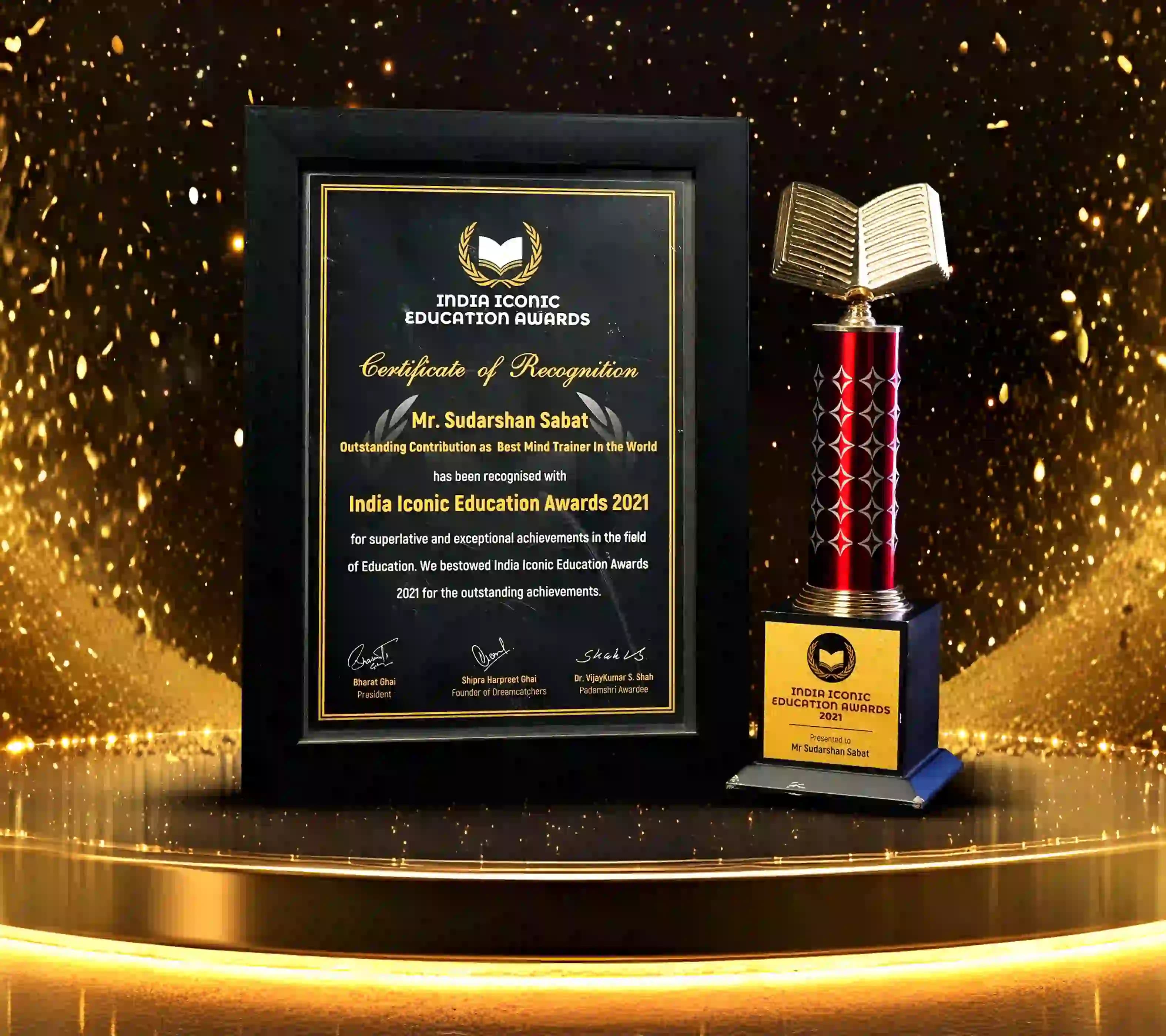 India Iconic Education Awards 2021 certificate and trophy presented to Mr. Sudarshan Sabat for excellence in education.