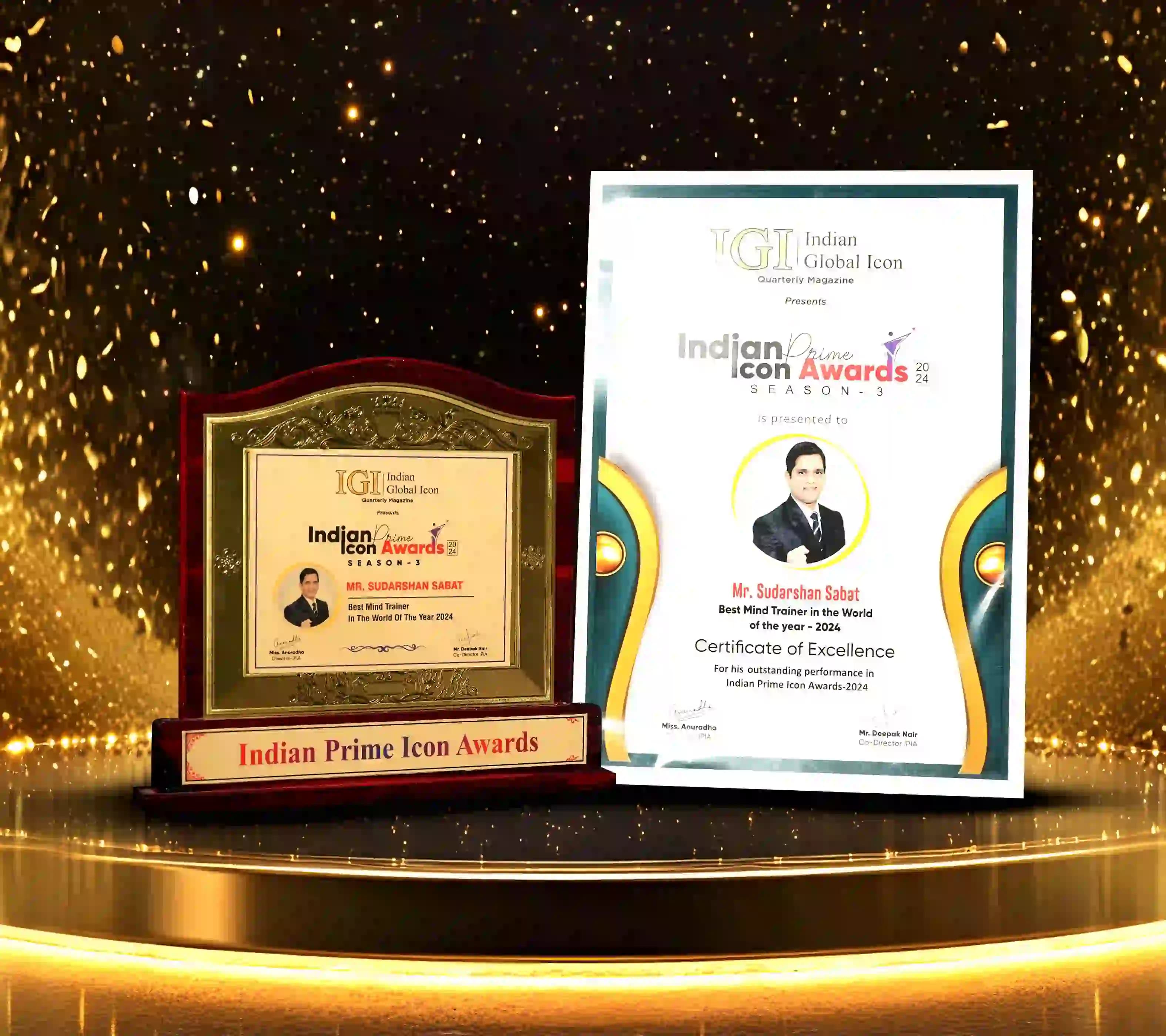 Indian Prime Icon Awards 2024 honoring Mr. Sudarshan Sabat with the Best Mind Trainer in the World of the Year 2024 award and certificate.