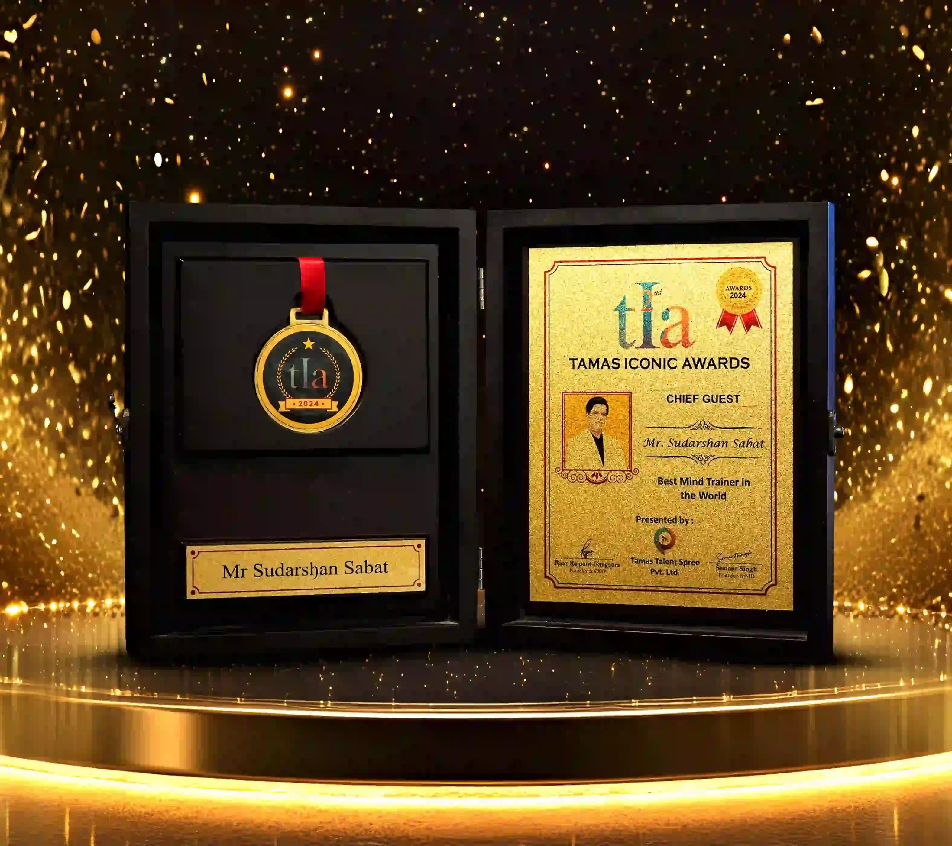 TIA Tamas Iconic Awards 2024 medal and certificate honoring Mr. Sudarshan Sabat as Best Mind Trainer in the World.