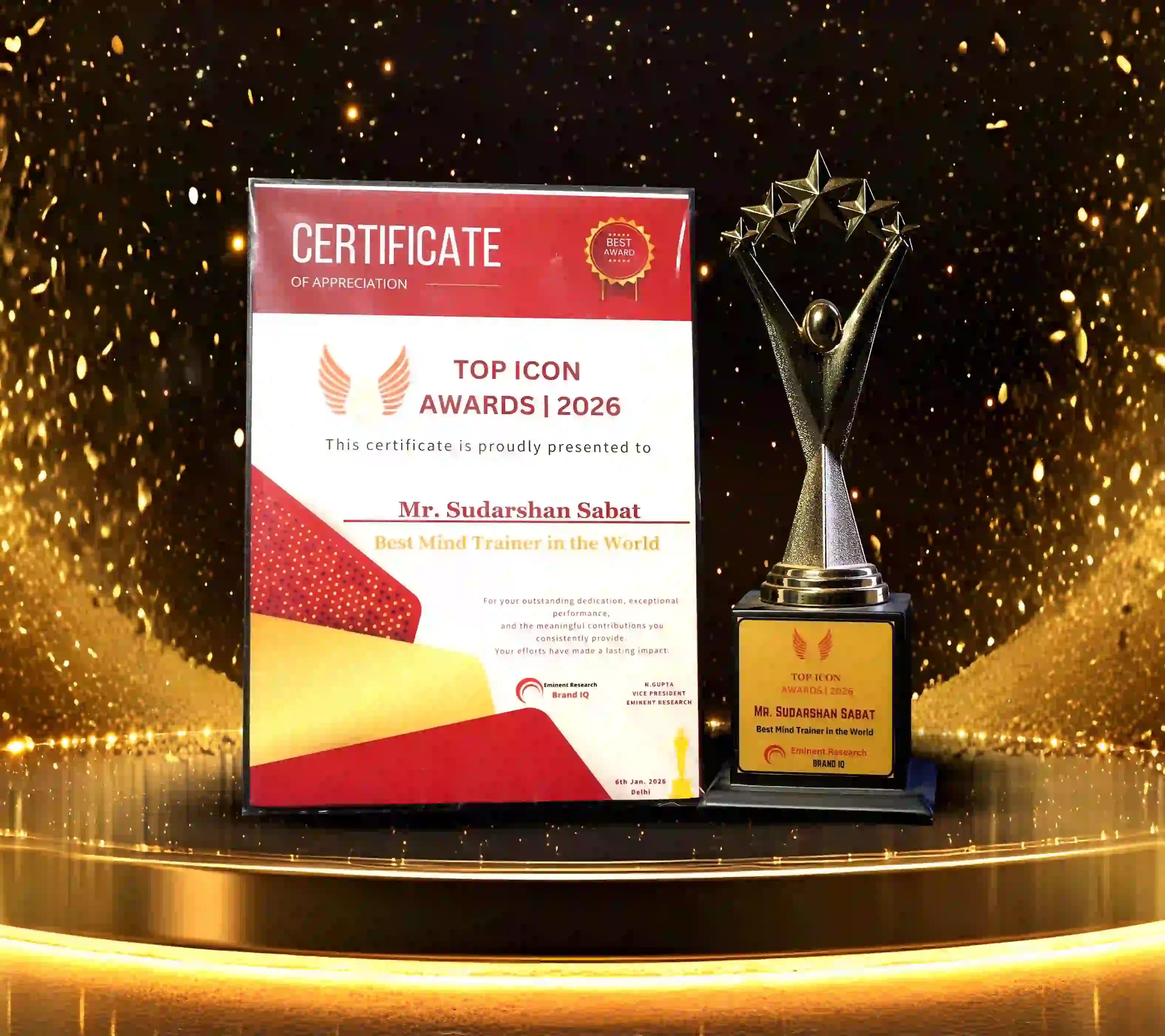 Top Icon Awards 2026 certificate and trophy presented to Mr. Sudarshan Sabat as Best Mind Trainer in the World.