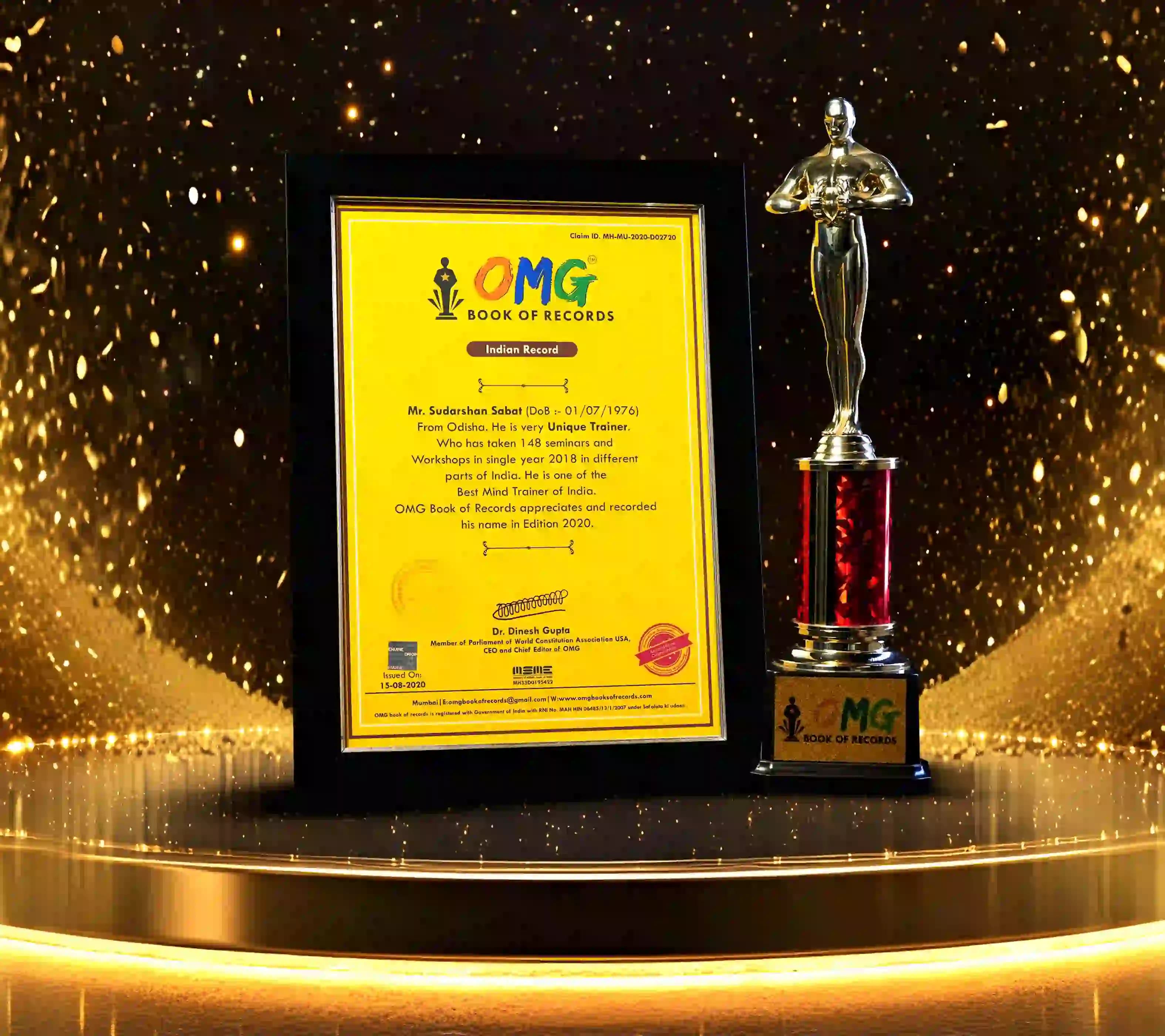 OMG Book of Records certificate and trophy awarded to Mr. Sudarshan Sabat for his Indian Record achievement as a Best Mind Trainer.