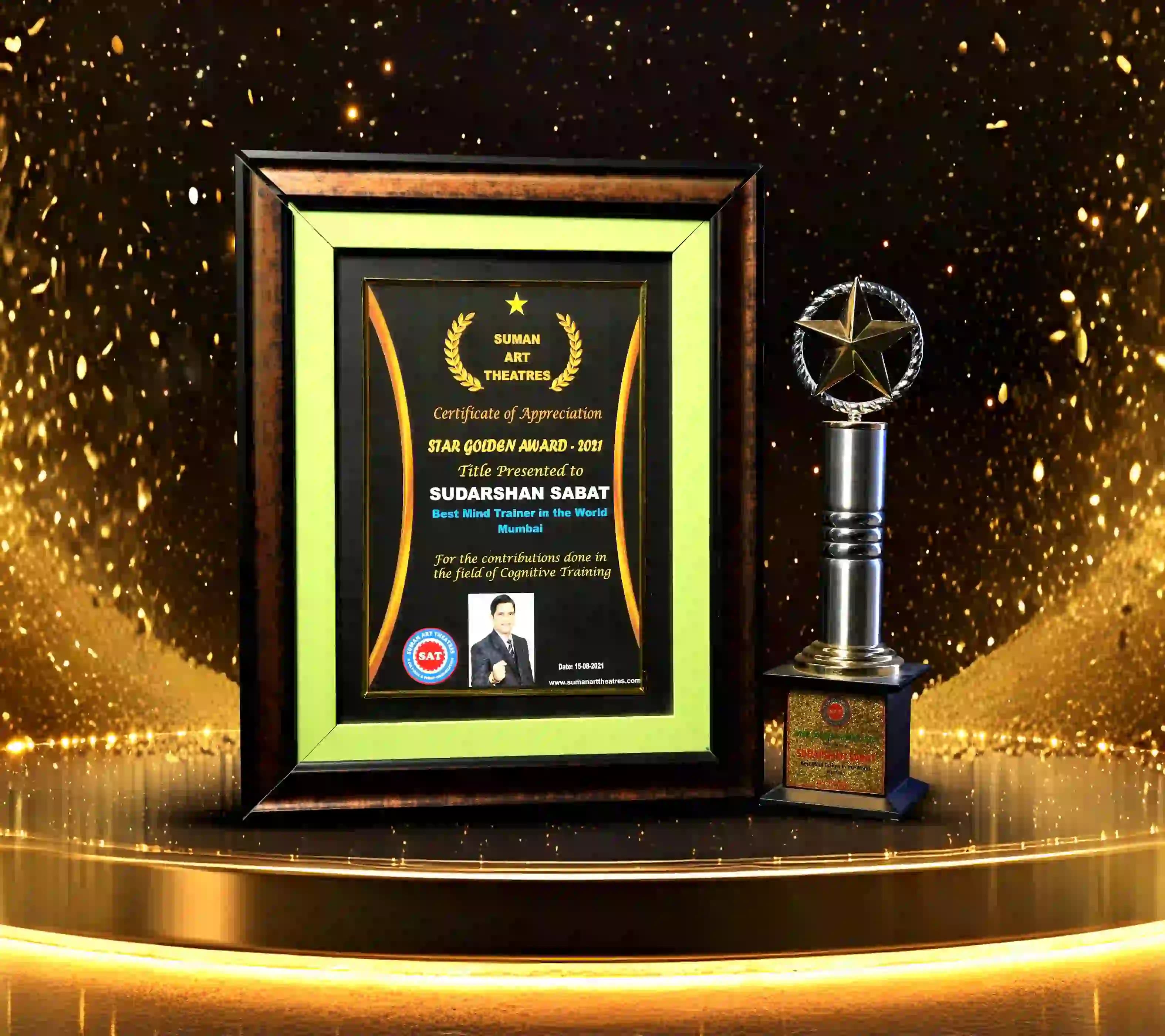Star Golden Award 2021 certificate and trophy presented to Sudarshan Sabat as Best Mind Trainer in the World for excellence in cognitive training.