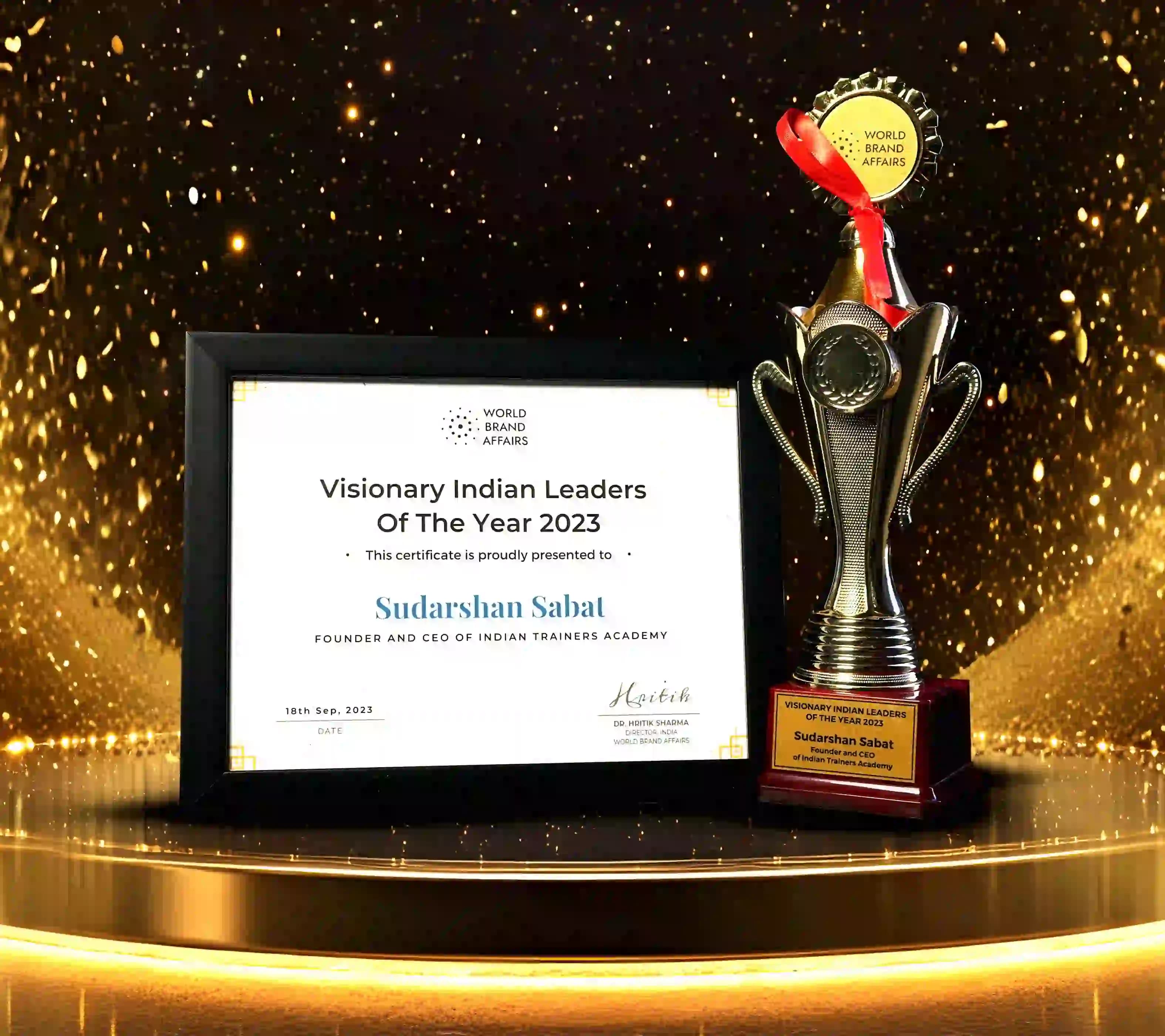 Visionary Indian Leaders of the Year 2023 certificate and trophy awarded to Mr. Sudarshan Sabat for leadership excellence.