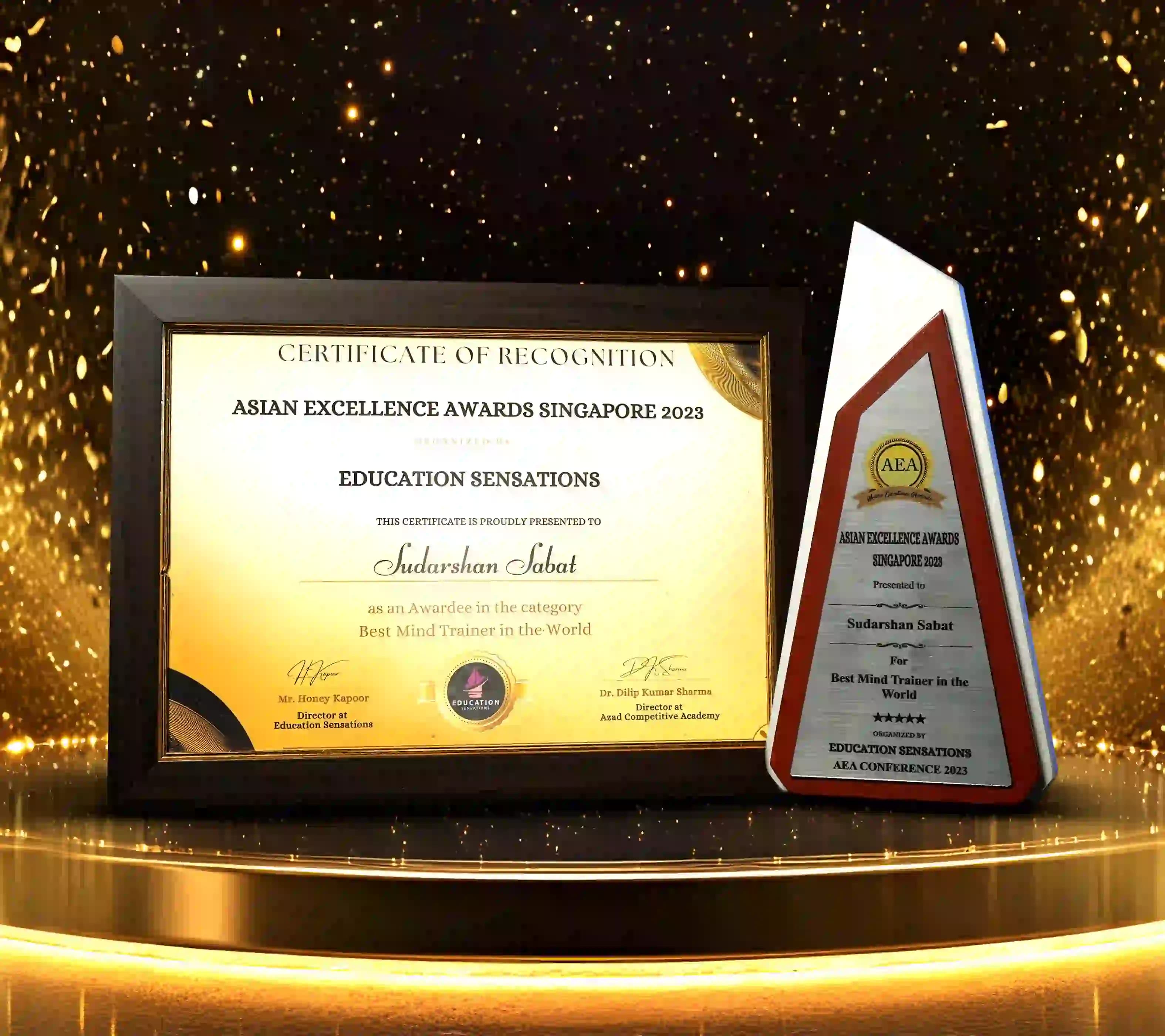 Asian Excellence Awards Singapore 2023 certificate and trophy presented to Mr. Sudarshan Sabat for Best Mind Trainer in the World.