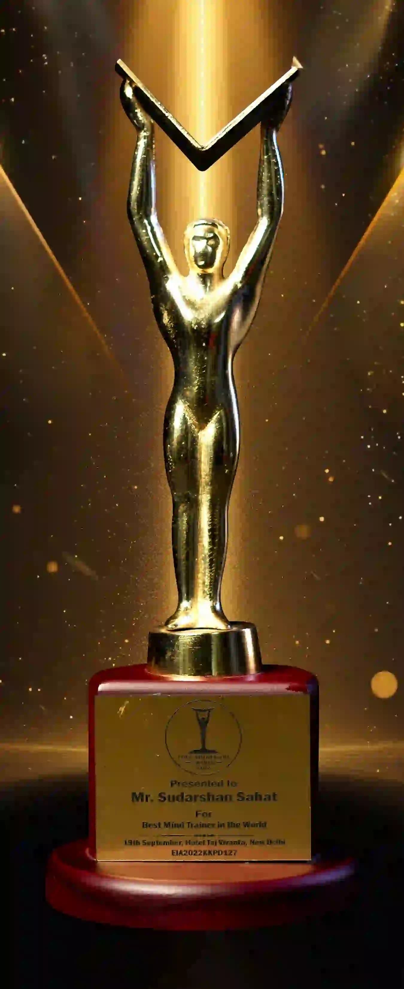 Best Mind Trainer in the World trophy presented to Mr. Sudarshan Sabat at an international awards ceremony.