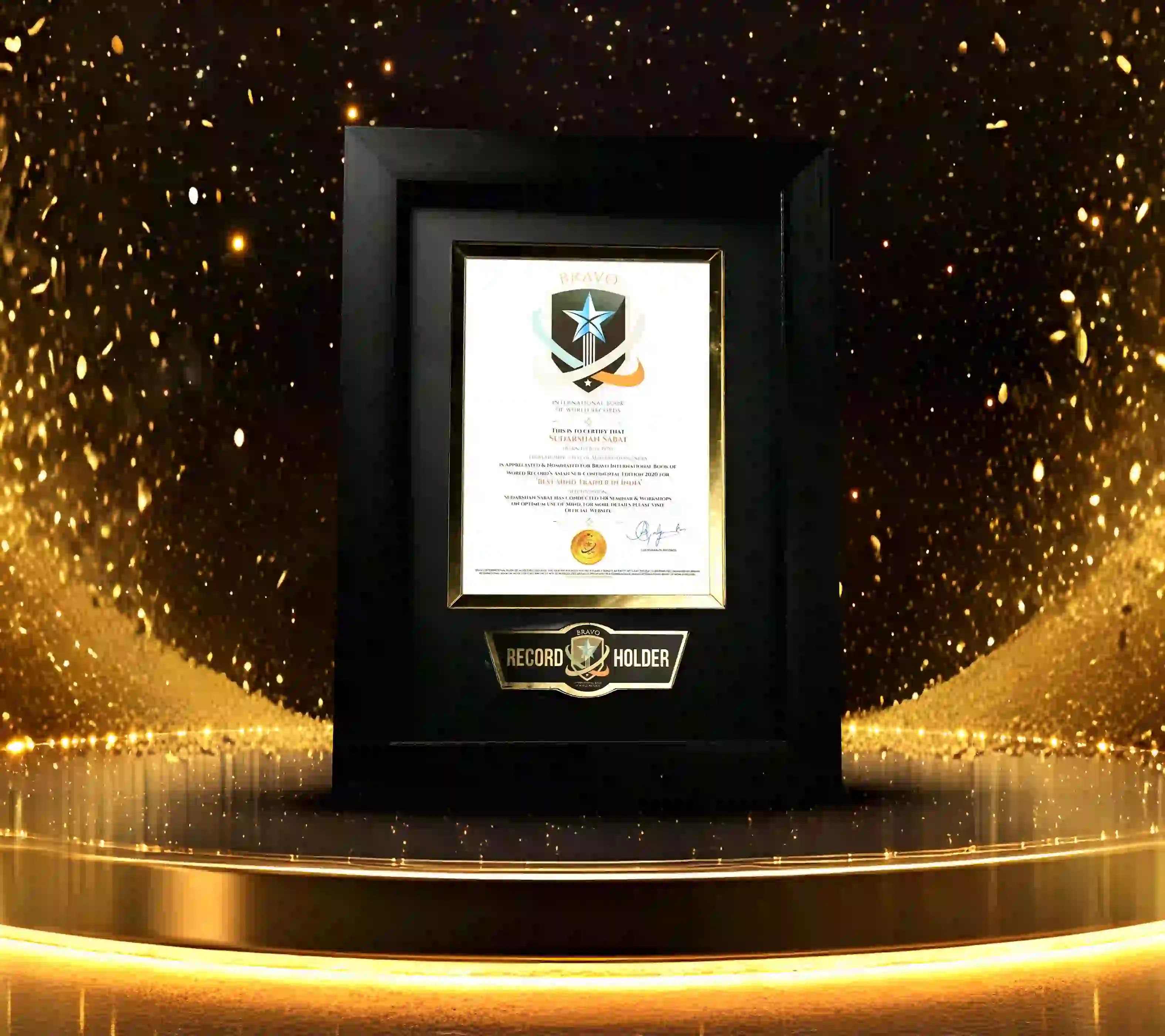 Bravo International Book of World Records certificate awarded to Mr. Sudarshan Sabat as Best Mind Trainer in India.