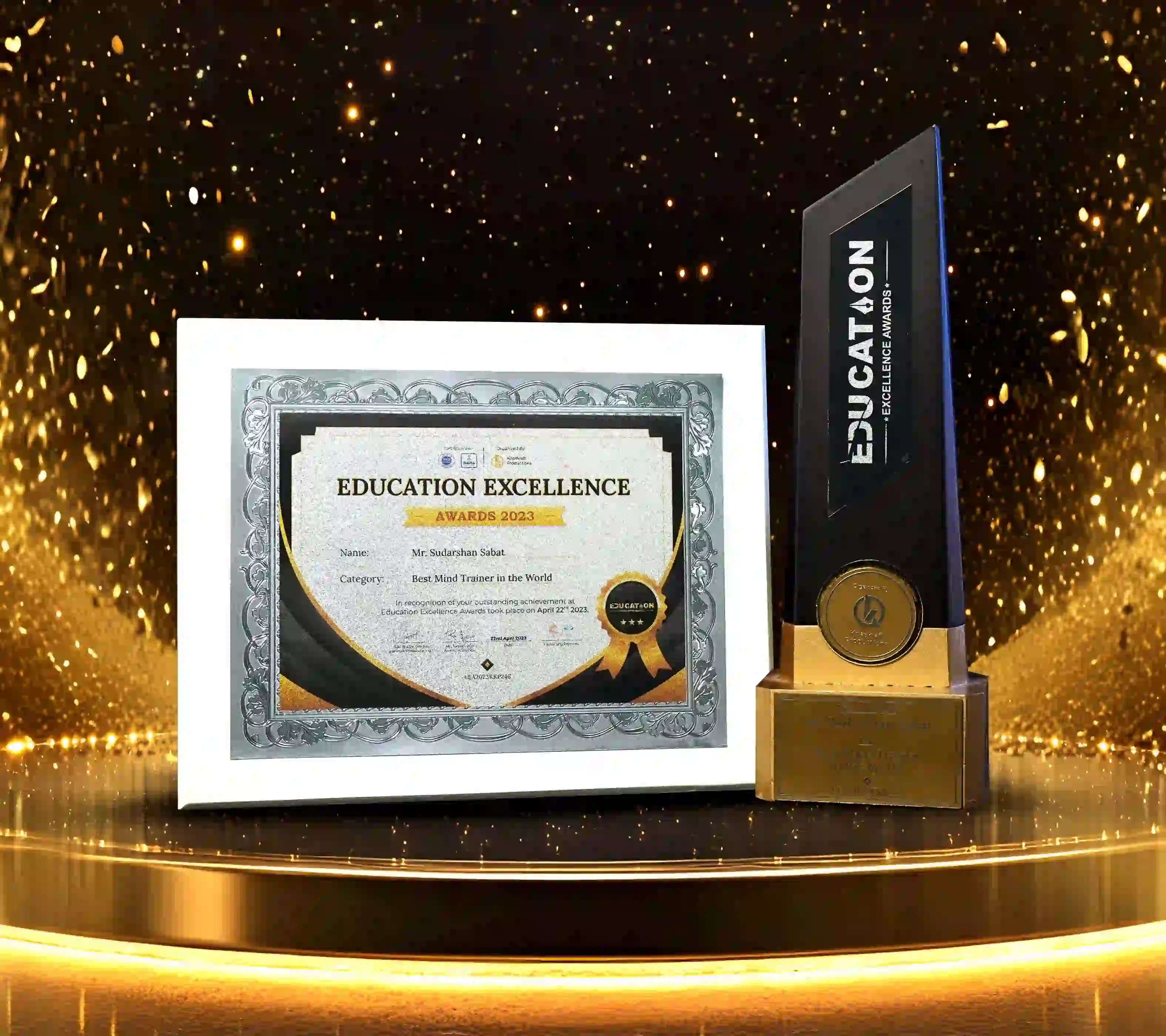 Education Excellence Awards 2023 certificate and trophy presented to Mr. Sudarshan Sabat for Best Mind Trainer in the World.