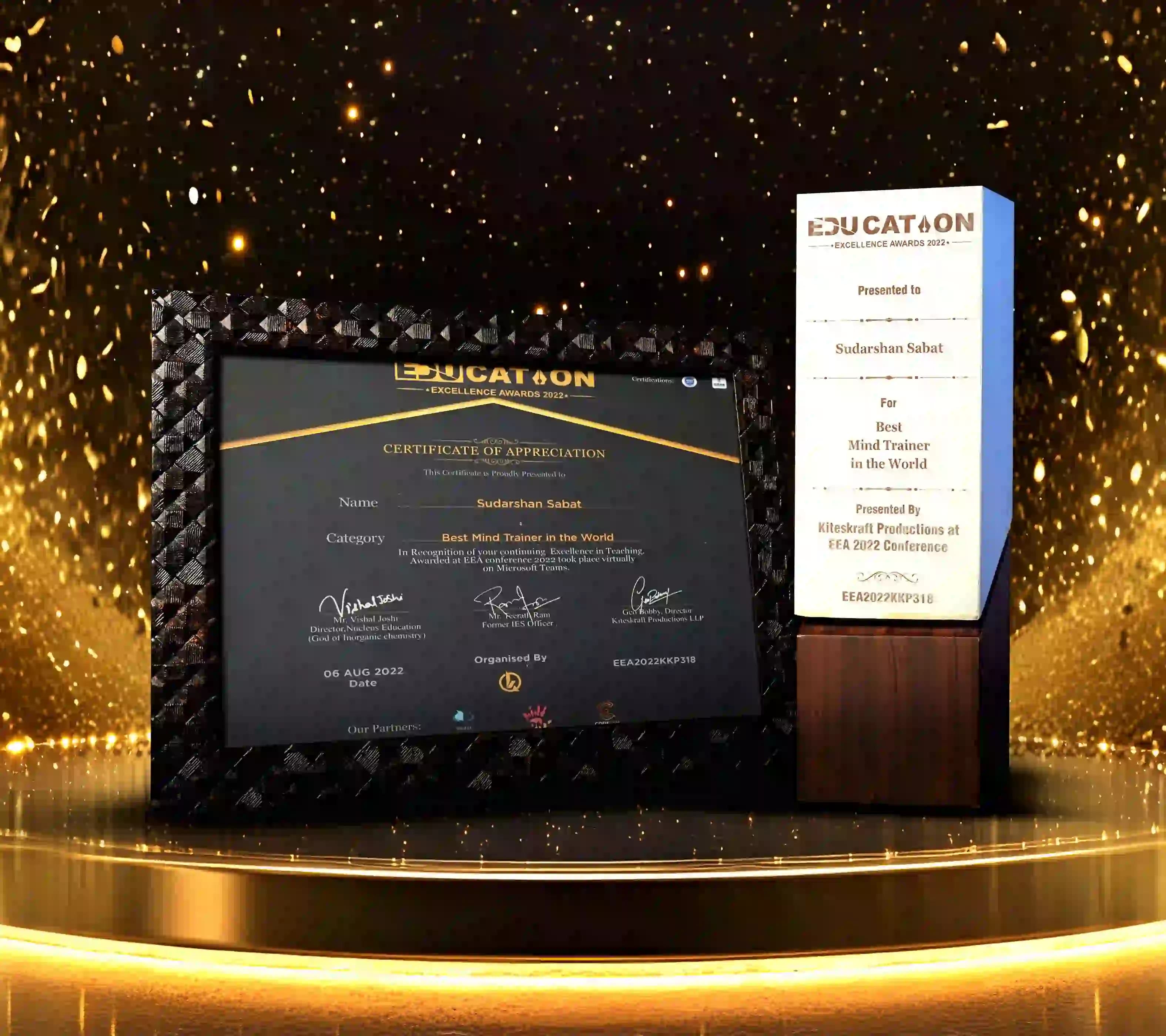 Educatoon Excellence Awards 2022 certificate and trophy presented to Mr. Sudarshan Sabat for Best Mind Trainer in the World.