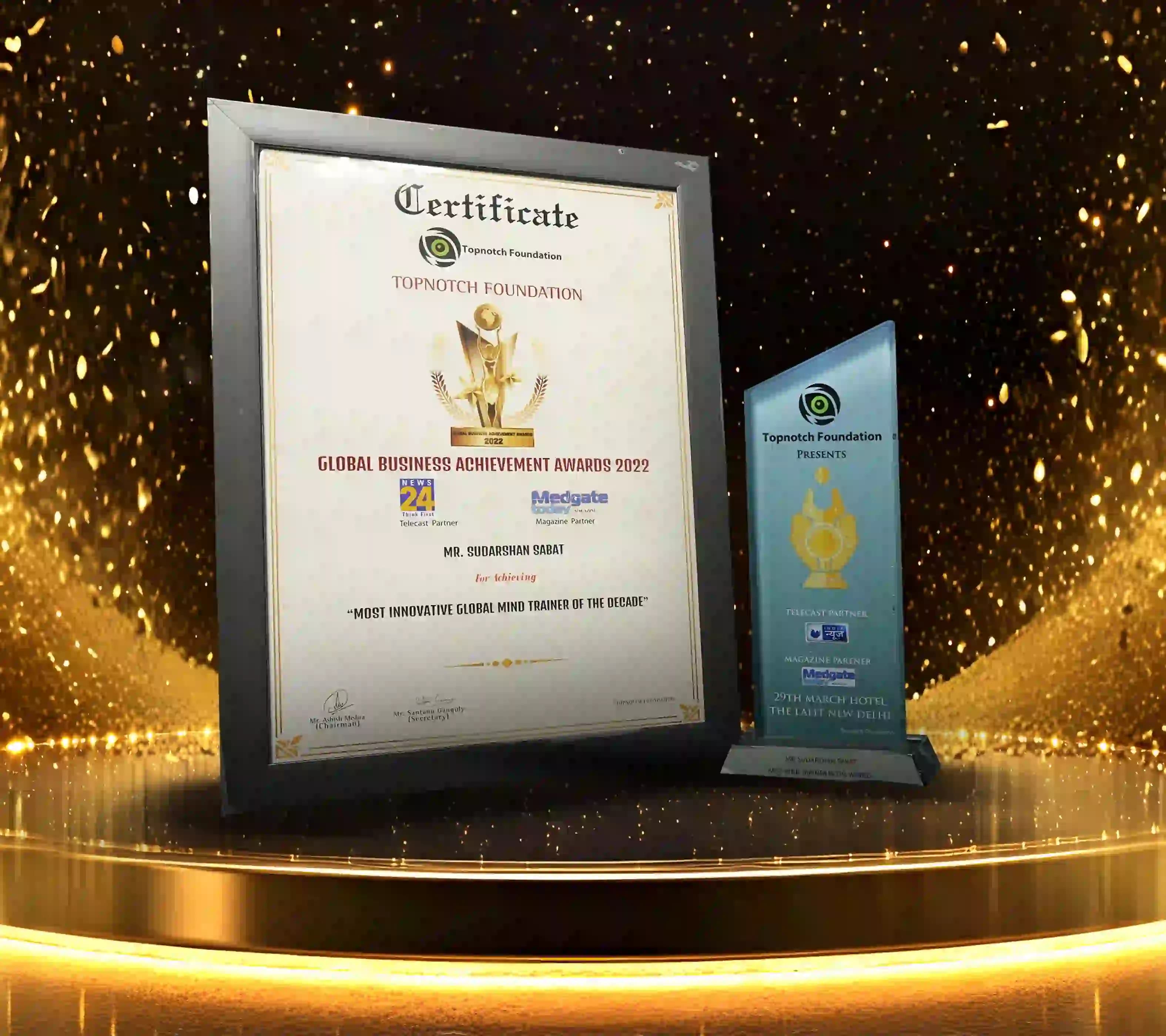 Global Business Achievement Awards 2022 certificate and trophy honoring Mr. Sudarshan Sabat as Most Innovative Global Mind Trainer of the Decade.