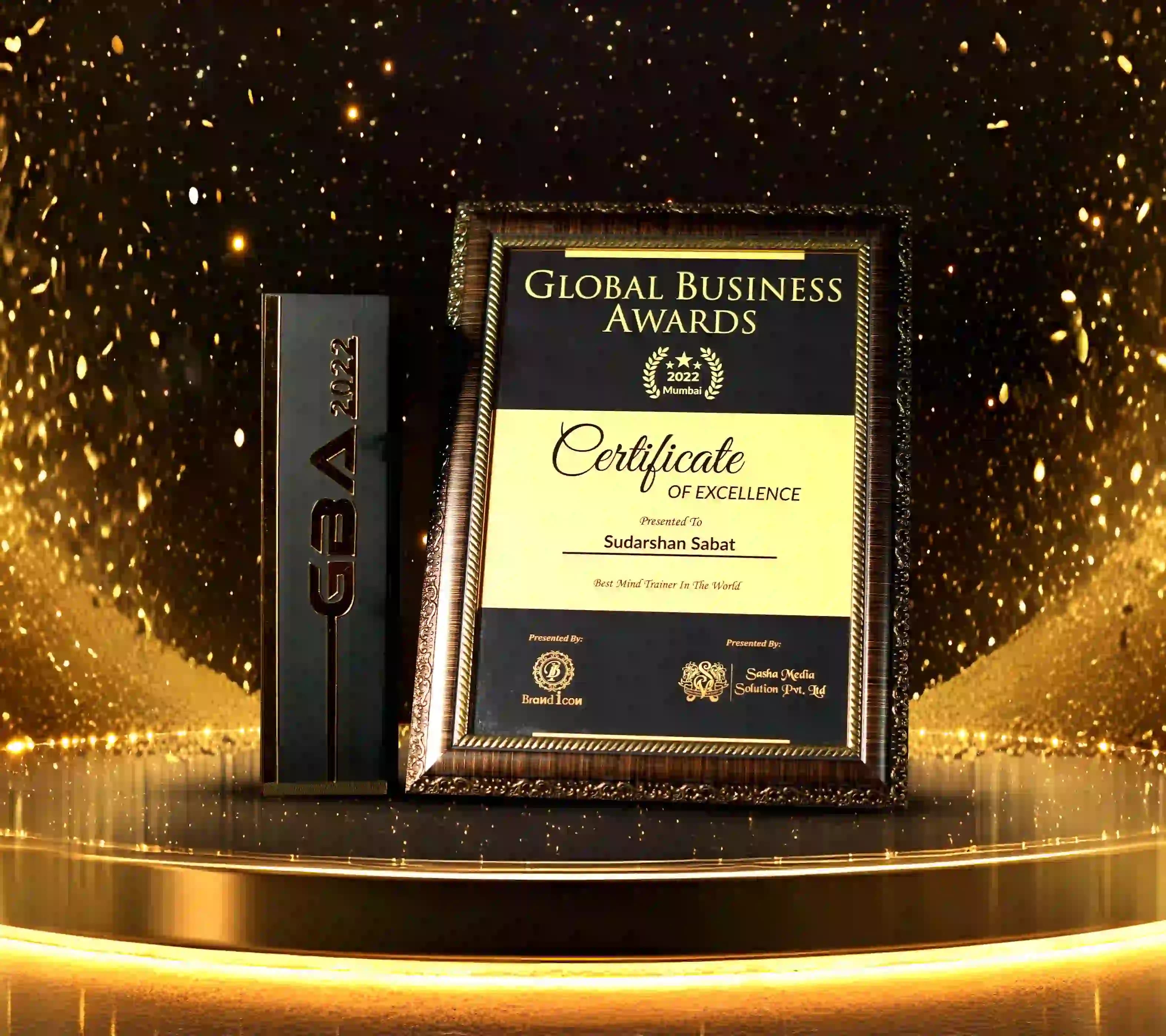 Global Business Awards 2022 certificate and trophy presented to Mr. Sudarshan Sabat for Best Mind Trainer in the World.