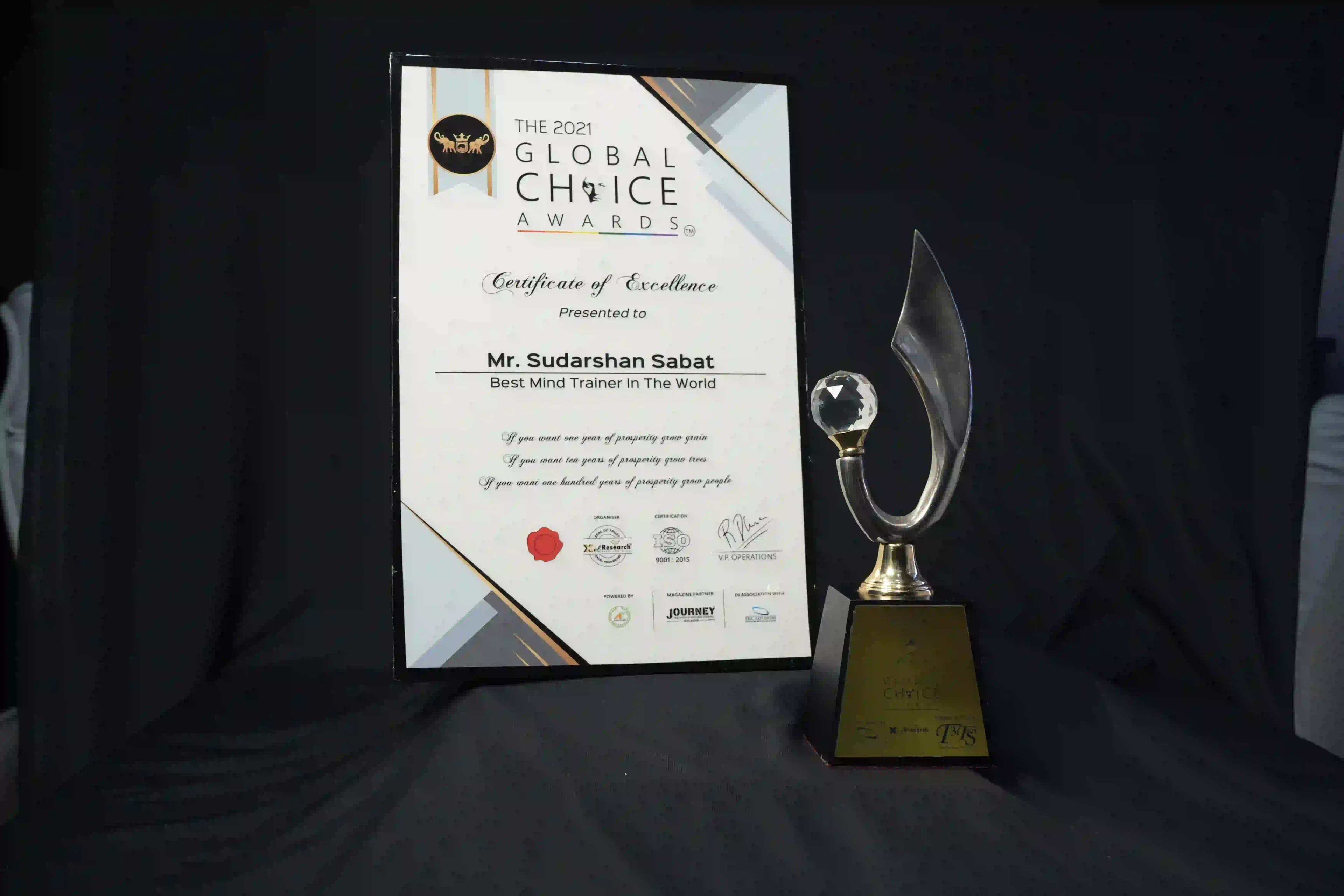 Global Choice Awards 2021 trophy and Certificate of Excellence presented to Mr Sudarshan Sabat as Best Mind Trainer in the World.