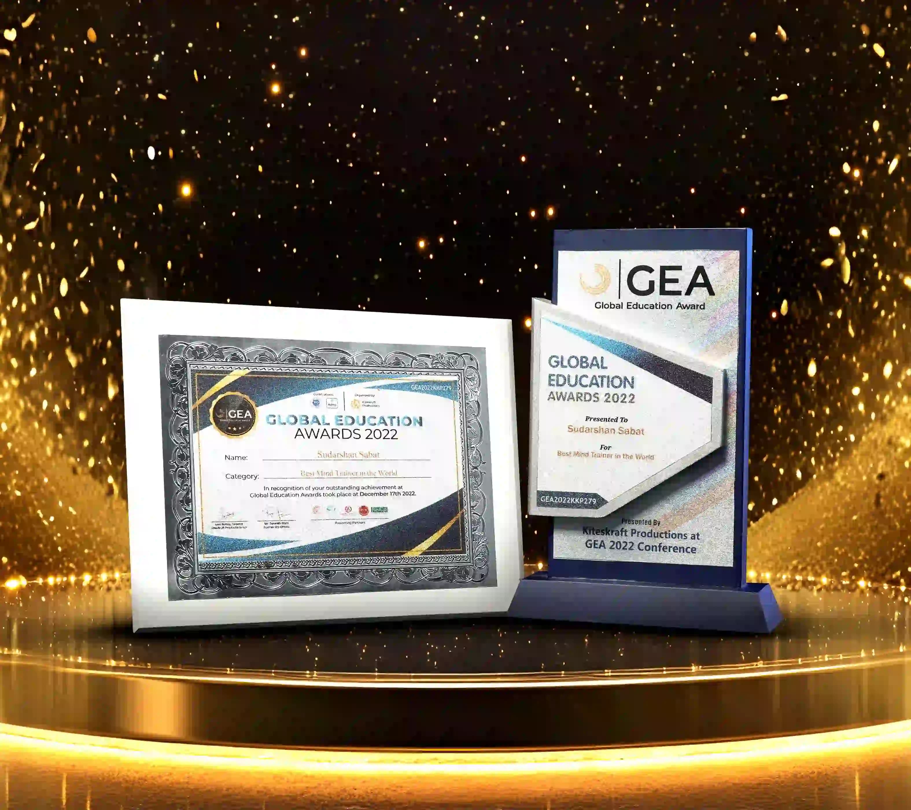 Global Education Awards 2022 certificate and trophy presented to Sudarshan Sabat for Best Mind Trainer in the World.