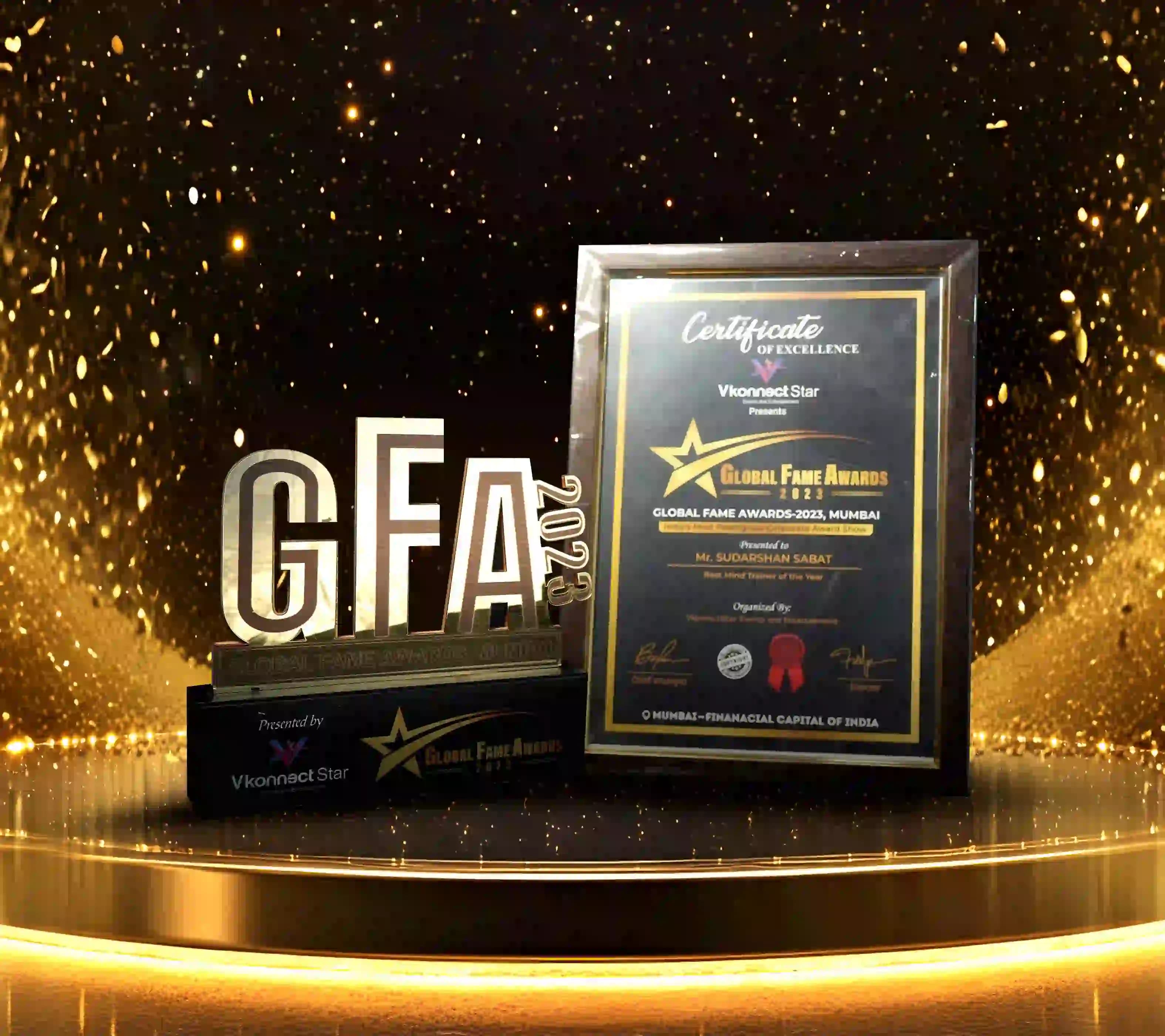 Global Fame Awards Mumbai 2023 trophy and certificate awarded to Mr. Sudarshan Sabat for Best Mind Trainer of the Year.