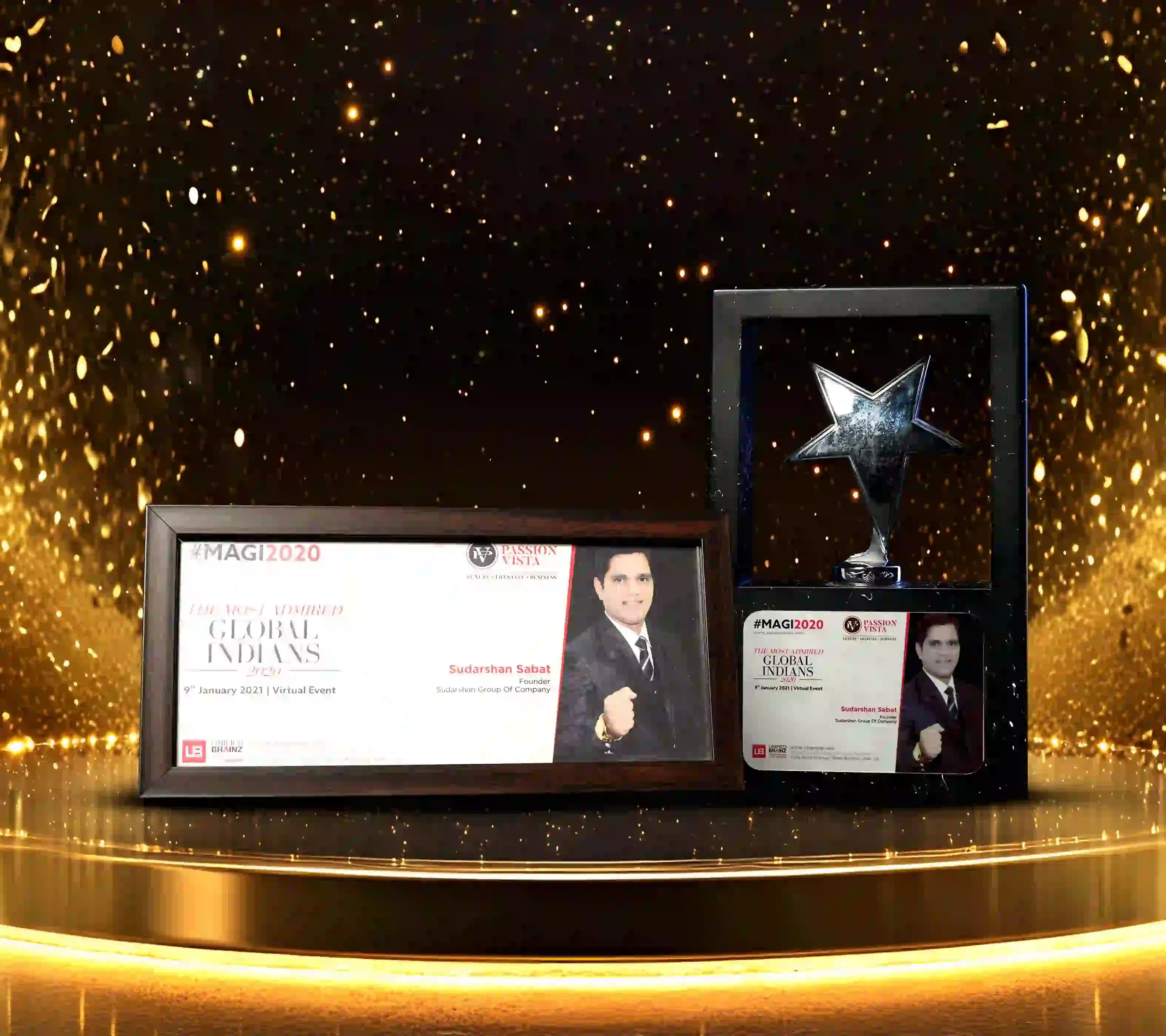 Framed certificate and star-shaped award recognizing Sudarshan Sabat as one of the Most Admired Global Indians 2020.