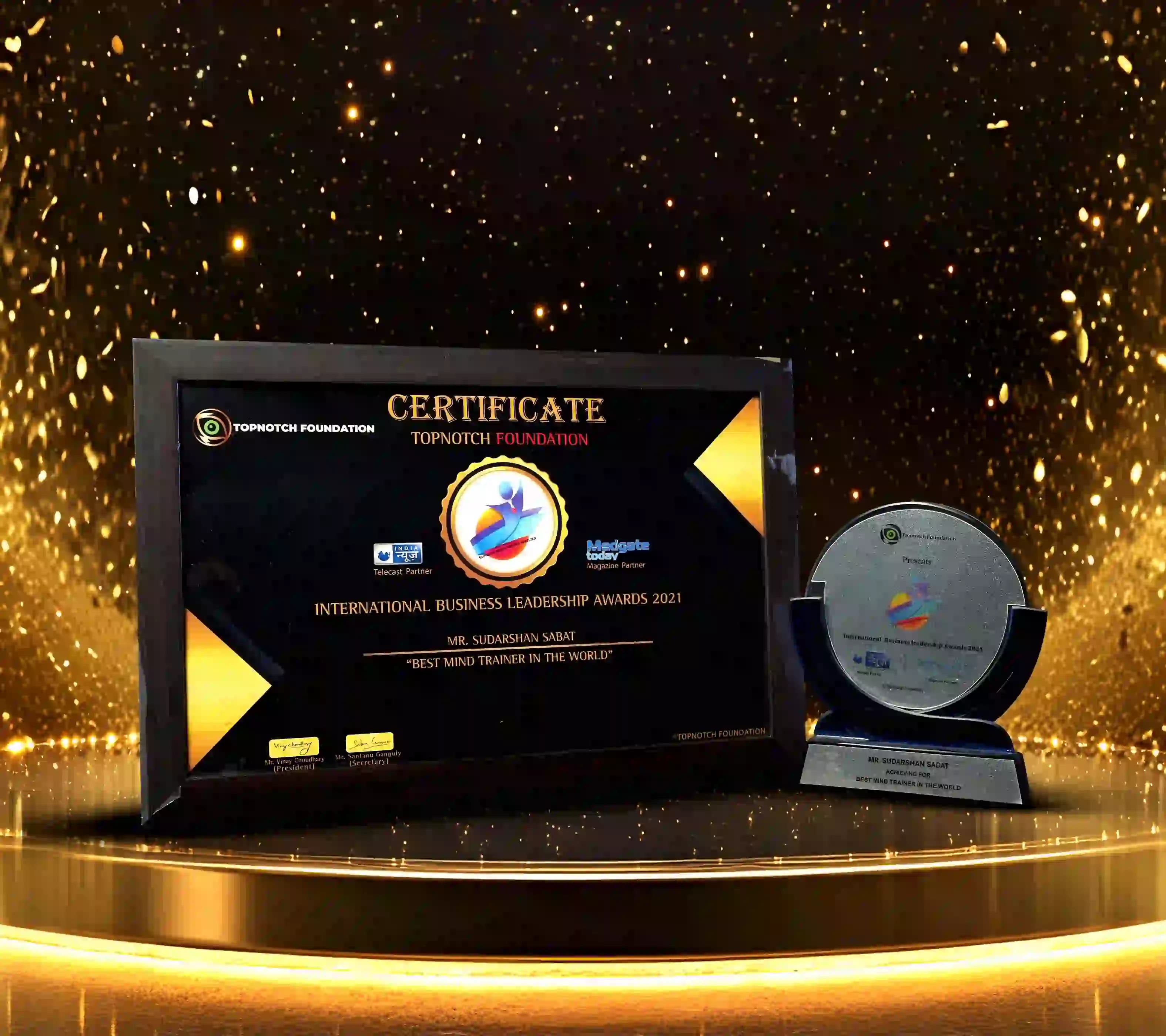 International Business Leadership Awards 2021 certificate and trophy presented to Mr. Sudarshan Sabat for Best Mind Trainer in the World.