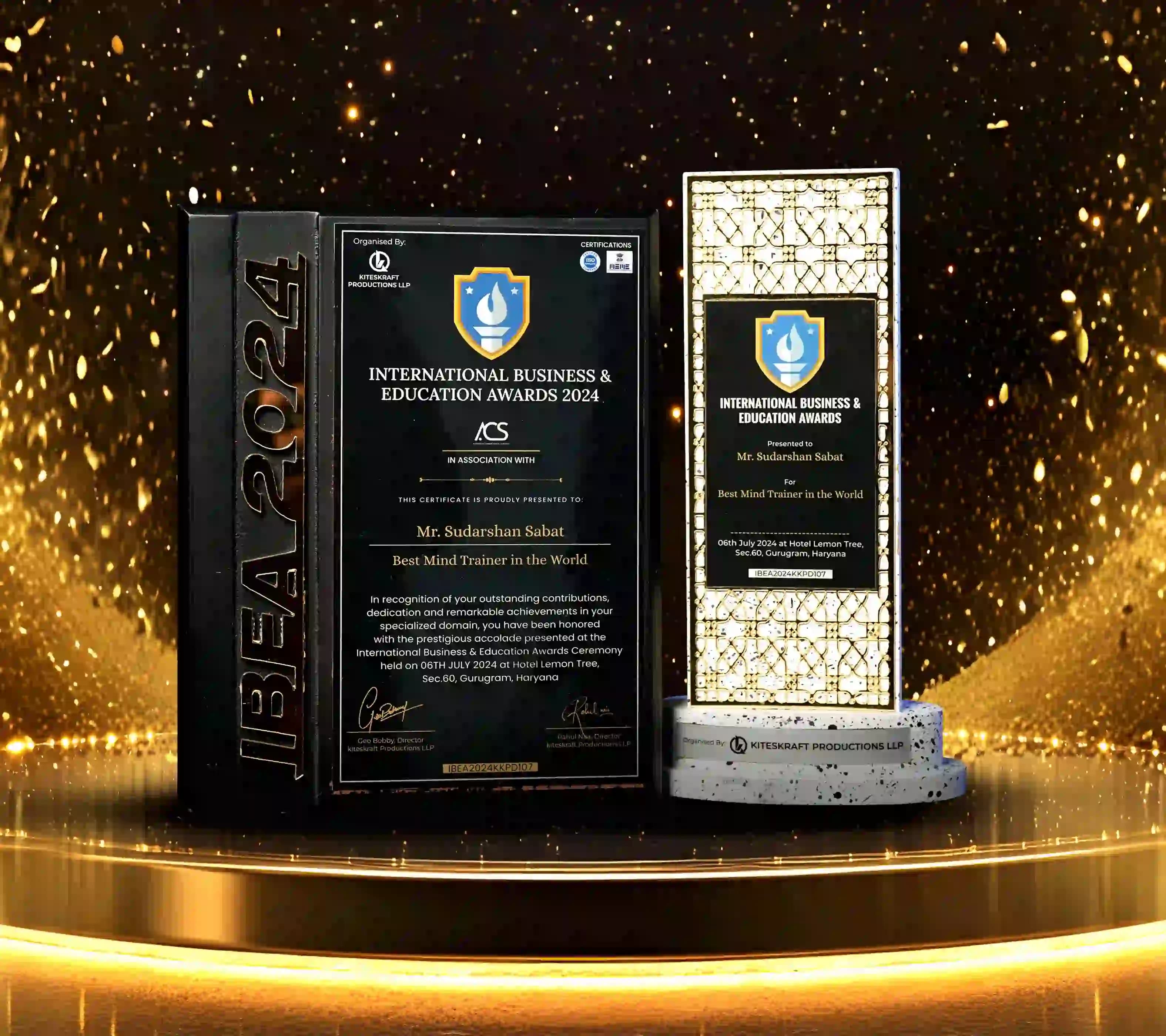 International Business & Education Awards 2024 certificate and trophy presented to Mr. Sudarshan Sabat for Best Mind Trainer in the World.
