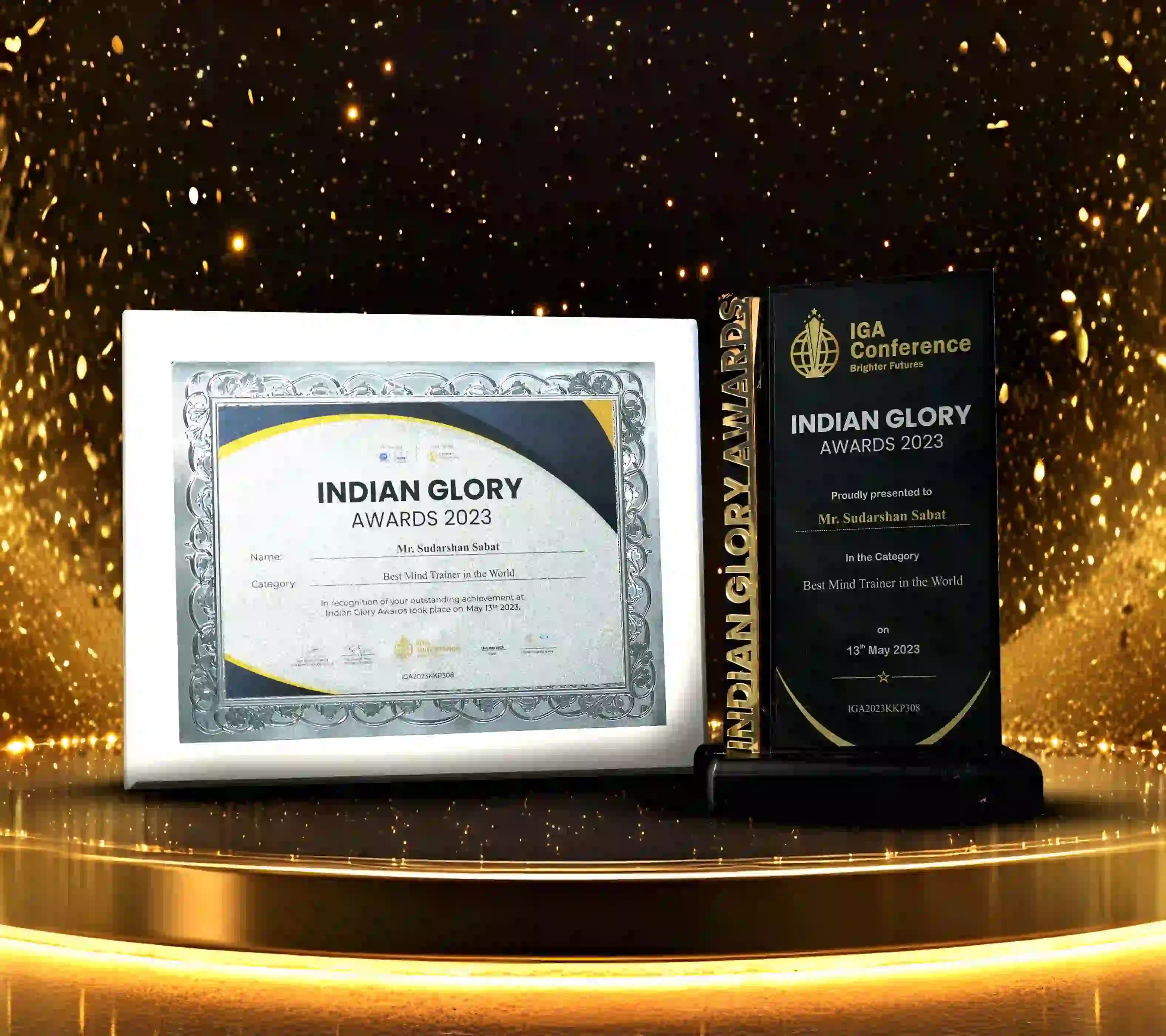 International Excellence Awards 2023 award trophy and certificate recognizing Mr. Sudarshan Sabat as Best Mind Trainer in the World.