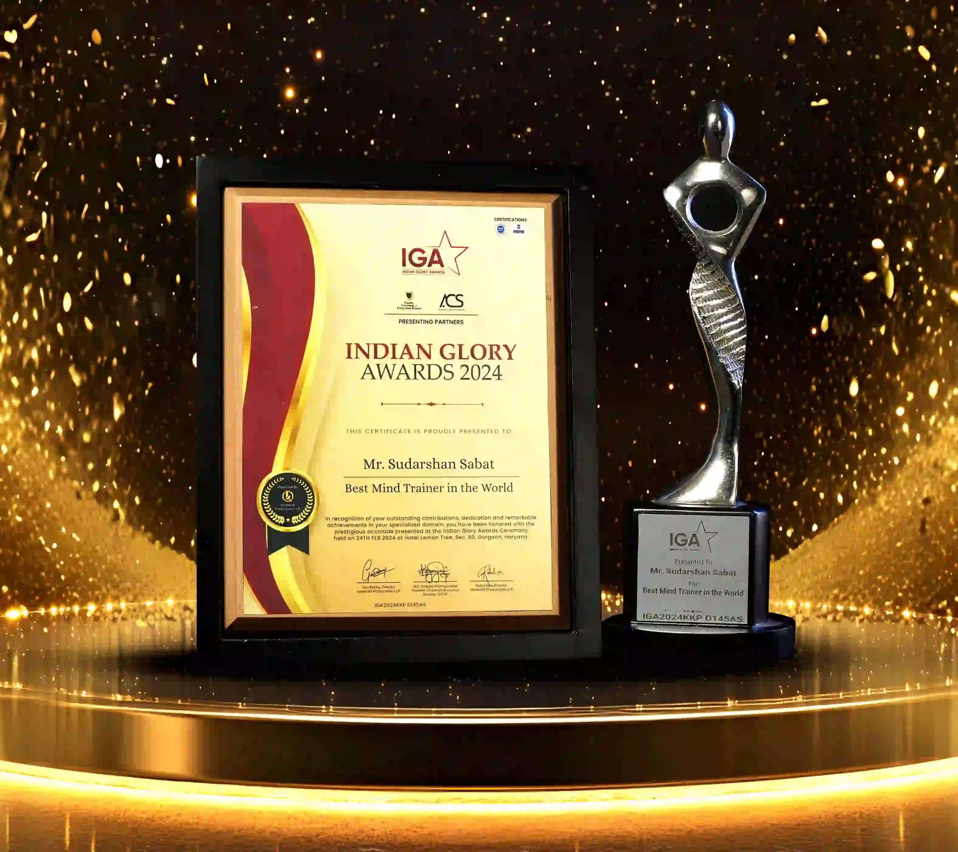 IT Golden Globe Award 2020 certificate and trophy honoring Mr. Sudarshan Sabat for outstanding work in training.