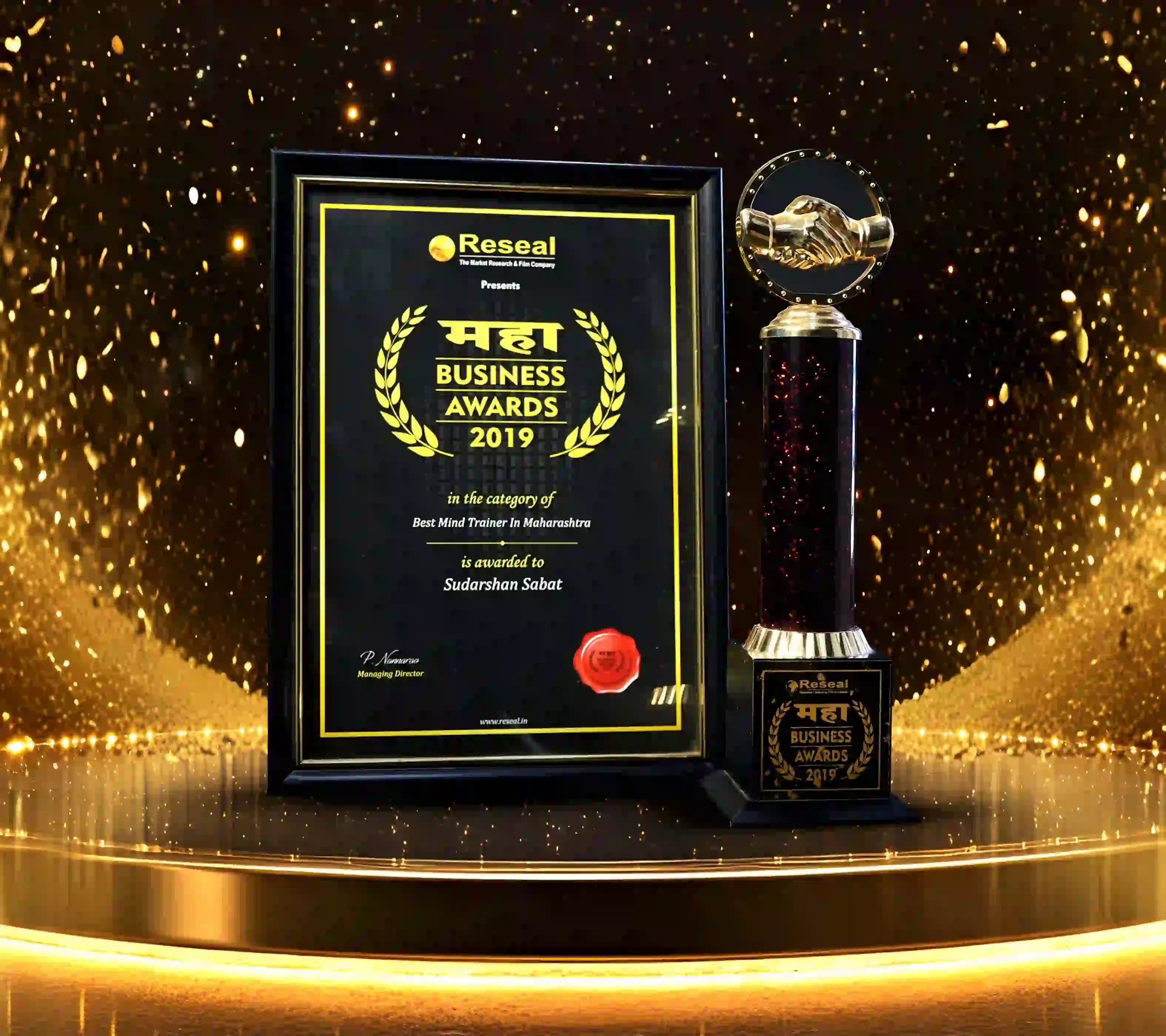 Maha Business Awards 2019 trophy and certificate awarded to Mr Sudarshan Sabat as Best Mind Trainer in Maharashtra.