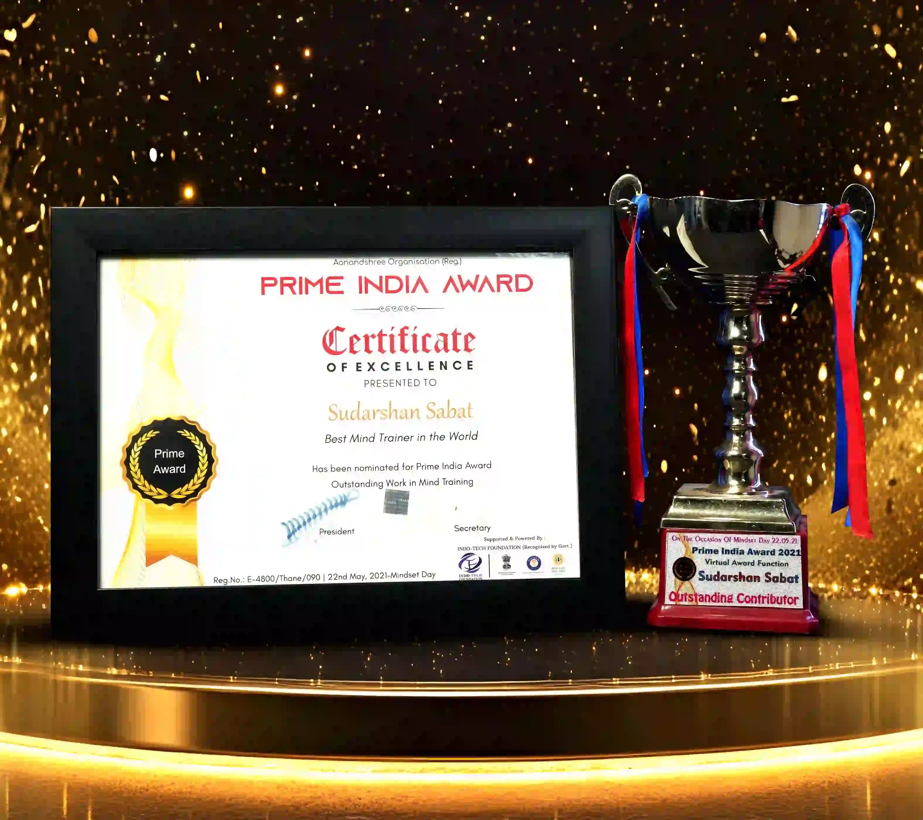 Prime India Award 2021 certificate and trophy awarded to Sudarshan Sabat for outstanding contribution to mind training.