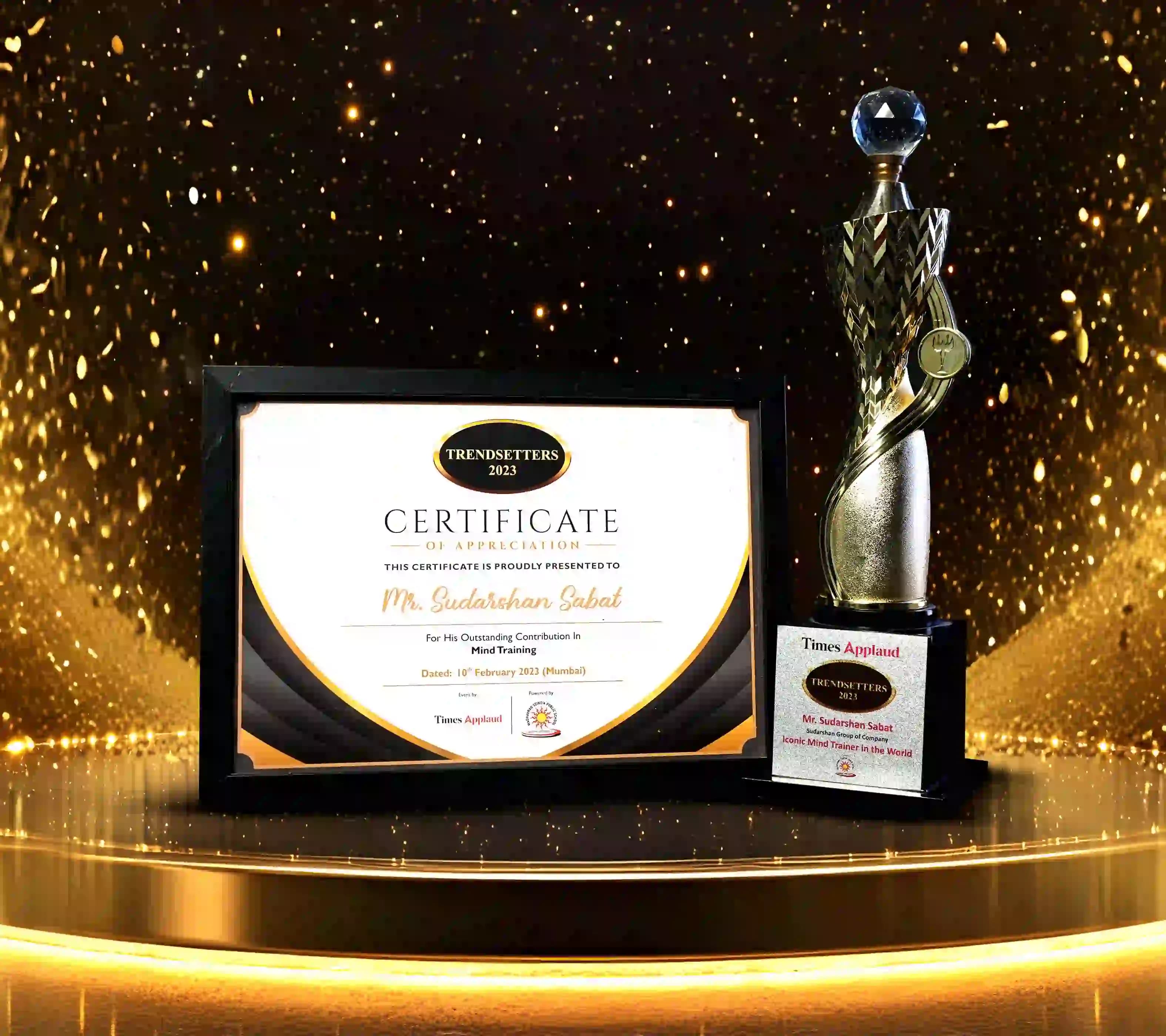 Trendsetters 2023 certificate and trophy awarded to Mr. Sudarshan Sabat for outstanding contribution to mind training.